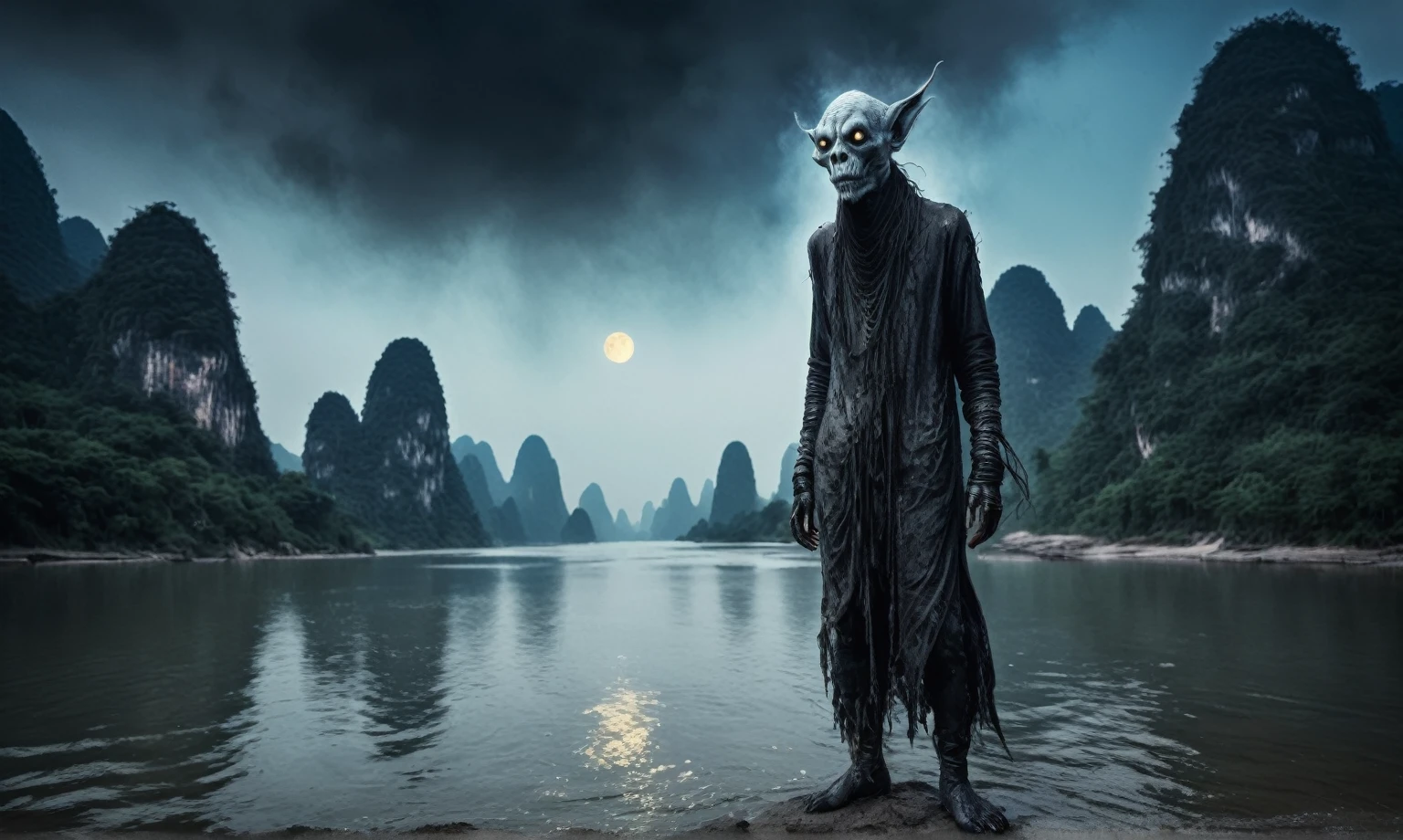 full body length shot,beggar graphite Manganite sparas, wants eat,survival in Korean city of future,Cinematic,soft colors, Technicolor,natural skin textures, hyper realism, hyper detailed,Extremely detailed,High contrast,Masterpiece,Realistic,Ultra Detailed, intricate details,realistic humid leather,extremely intricate,Epic Realistic, cinematic style,irina yermolova,high contrast,hdr,extremely detailed, [deep night landscape],masterpiece,intricate details,faded,eyes extremely detailed, high detailed eyes,16k resolution,RAW,retina, Nikon Z9,China,Songbird,orc,Li River in Guangxi Zhuang of China,tkt style, Pisces, pointed ears，perfect, ginger，transition between two art styles, Ink painting to photorealism, Double contact, X-ray, Creative, vivid light, masterpiece, fantasy, Abstract, Surrealism, super detailed, high resolution, stop:35,(((creature with a spectral and ghostly appearance)). Her skin is pale, almost translucent.strange wears dark, torn clothes that float around him, as if permeated by an aura of mourning. Its appearance is complemented by details such symbols of  gothic elements, further emphasizing its dark air. is photo as a haunted and tormented entity,{creature}