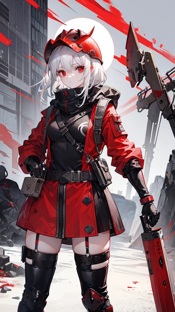 Female, White hair, Red eyes, Psycho Glove, 160 cm, 29 years, Shovel, Psycho Helmet, Turtle's Rusty bracelet, Psycho Armor, Tomboy, wasteland