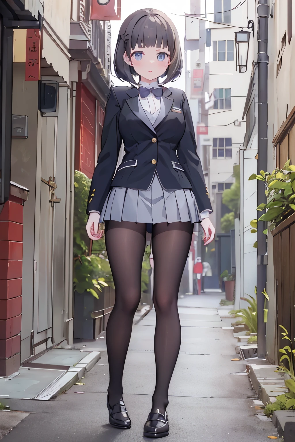 (8K、Highest quality、highest quality、masterpiece)、Detailed face、One girl、((ガラスに胸を押し付ける1.4))、、short hair、、blunt bangs、Grey Eyes、、、((Blazer jacket uniform))、((Pleated skirt))、((No panties))、((bent over))、Back Alley Background、Very large breasts、Nipples are visible、、Black Pantyhose、Milk dripping from nippleilk spurting from the nipple、、Open your mouth、Troubled face、Love juice from the genitals、Full body portrait、Walking around the city、One man、Hearts in the eyes、Sex with a man