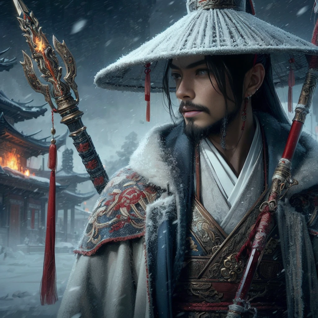 (Masterpiece:1.2), (Best Quality:1.2), (high resolution:1.2), (beautiful face and eye:1.2), (sharpest focus:1.2), (Ultra-realistic Photo:1.2), (Ultra-precise Photo:1.2), (Depth of field:1.2), (perfect anatomy:1.2), (nice hands:1.2),
(perfect hands:1.2), (five fingers:1.2), (Young, fearless, beautiful, shady Chinese man:1.0), (Lonely Chinese warrior with spear:1.0), (Neatly trimmed short beard and tied hair:1.0), (Blazing Chinese period drama style fortress:1.0),
(long spear with serpentine blade and ornate decoration:1.0), (white tsubakuhiro cap and cloak:1.0), (white armor with red, blue, and yellow coloring:1.0), (snowstorm:1.0), (melancholy expression:1.0), (picturesque standing figure:1.0),