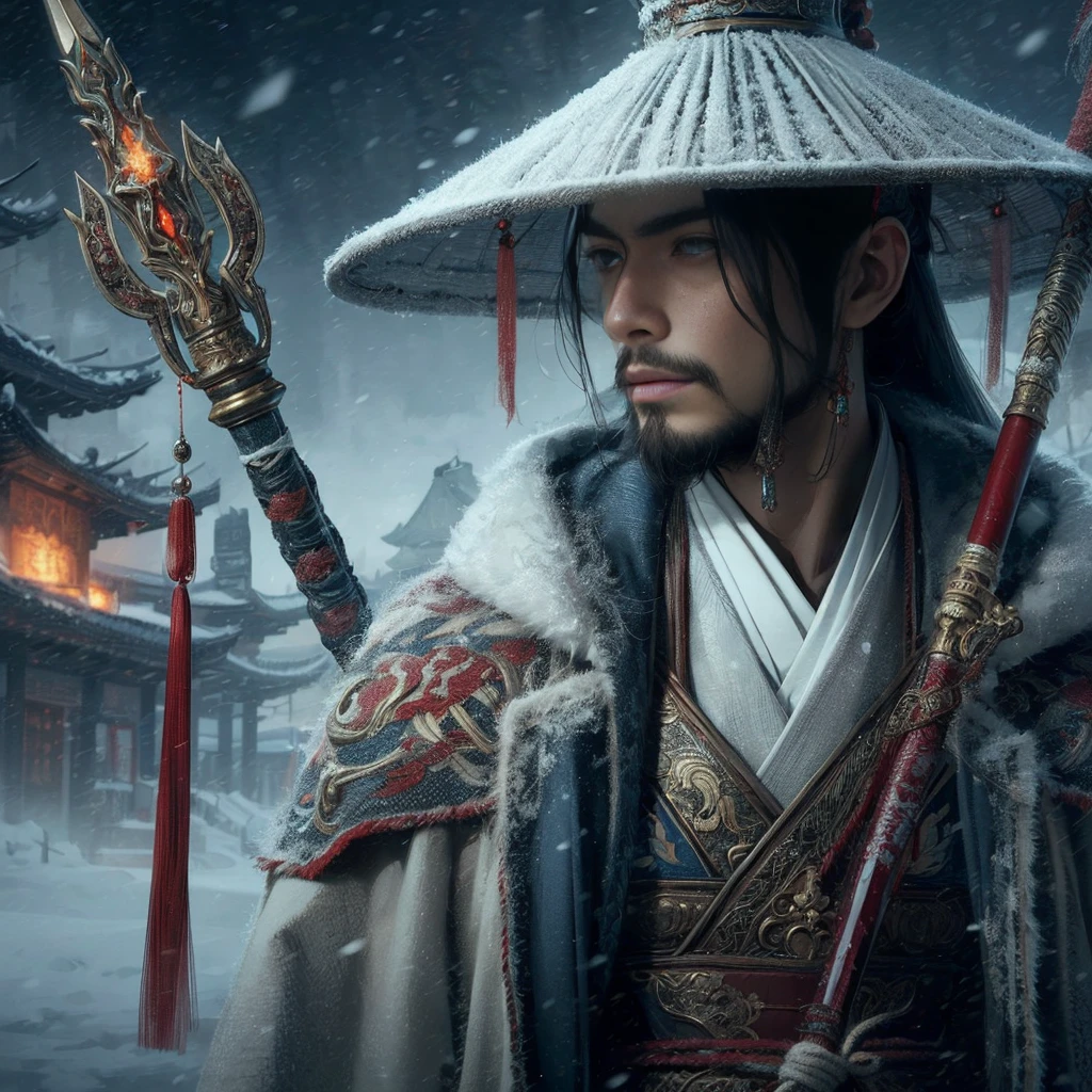 (Masterpiece:1.2), (Best Quality:1.2), (high resolution:1.2), (beautiful face and eye:1.2), (sharpest focus:1.2), (Ultra-realistic Photo:1.2), (Ultra-precise Photo:1.2), (Depth of field:1.2), (perfect anatomy:1.2), (nice hands:1.2),
(perfect hands:1.2), (five fingers:1.2), (Young, fearless, beautiful, shady Chinese man:1.0), (Lonely Chinese warrior with spear:1.0), (Neatly trimmed short beard and tied hair:1.0), (Blazing Chinese period drama style fortress:1.0),
(long spear with serpentine blade and ornate decoration:1.0), (white tsubakuhiro cap and cloak:1.0), (white armor with red, blue, and yellow coloring:1.0), (snowstorm:1.0), (melancholy expression:1.0), (picturesque standing figure:1.0),