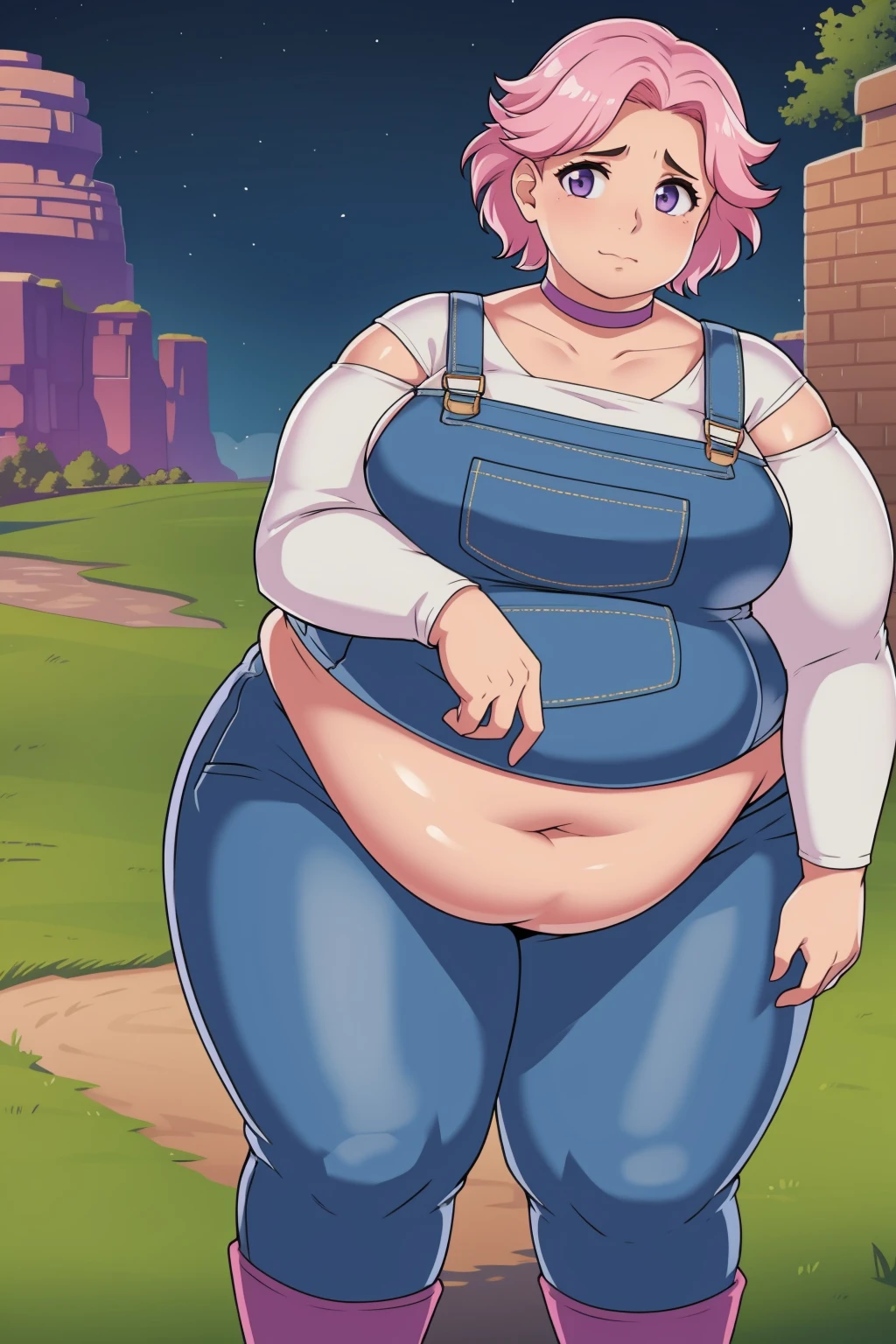 (Pale skin:1.0)Up close, Holding belly, hands on belly, outgrown clothes, (Sad:1.1), (Sad face:1.1)Pale skin,fat, sad, farm backround, upper body, looking at viewer, 1girl, solo, short pink hair, (dark blue choker), (dark blue denim overalls), (purple eyes), (pink boots), (white shoulder lantern sleeve blouse, tucked in pants, Round face, double chin, fat chin, fat cheeks, fat neck, round face, SSBBW, flabby arms, round face, double chin, fat double chin, big double chin, fat neck, chubby cheeks, fat thighs, fat calves, morbidly obese, flabby , giant , large belly, obese, fat face, belly, double chin, obesity, flabby breasts, fat arms and legs, fat everything,