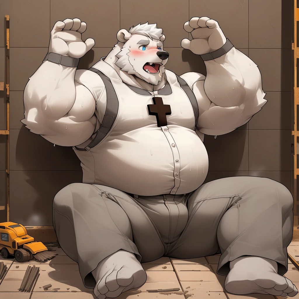 masterpiece, best quality, 8k resolution, Very detailed, hairy，(((polar bear))，(((Mature)))，(((Blue Eyes))，(((beard))),(((Strong)))，(((White hair all over body)))，(((portrait)))，(((White hair)))，(((Construction Site)))，For the audience，(((White vest))),(((Back against the wall)))，(((Open mouth)))，Highest quality scene，Solitary，solitary，(((whole body)))，(((Shameful)))，(((Blushing)))，((( Raise your hands))),(((Legs apart)))，(((sweaty)))，((Fat-enclosed muscle))，(((Round face)))，(((alone)))，(((Strong body)))，(((Hip bulge)))，(((Lifted clothes)))，((sit on the floor))，(((Sitting cross-legged)))，(((Grey loose trousers)))