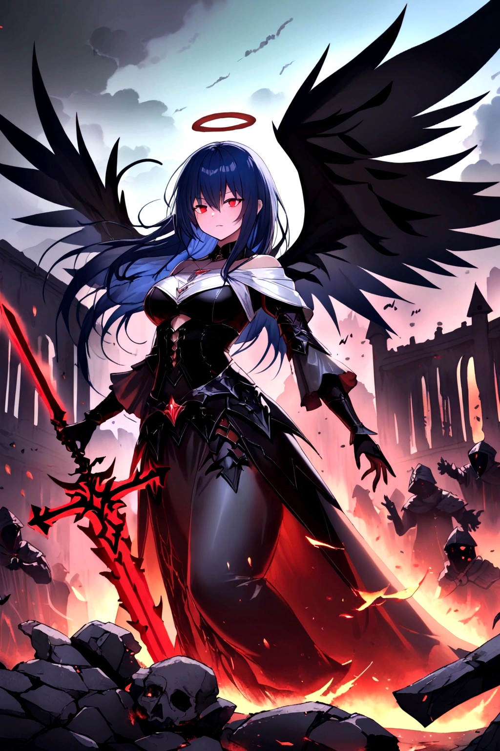 (dark,menacing:1.2),evil dark angel, (long blue hair:1.1), (red halo:1.1), (flaming sword:1.1) shaped like a cross, (dark fantasy:1.2), (red eyes:1.1), (black wings:1.1), (sinister aura:1.1), eerie atmosphere, (ominous shadows:1.1), (mysterious background:1.1), (intense lighting:1.1), (dramatic pose:1.1), medieval, soaked in blood, ????, horror