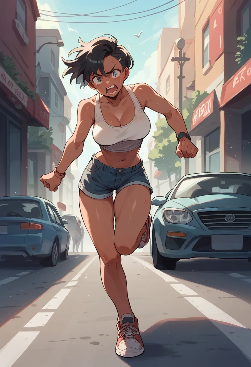 woman with tanned skin and straight black hair running down a street full of cars, hq art, frontal image