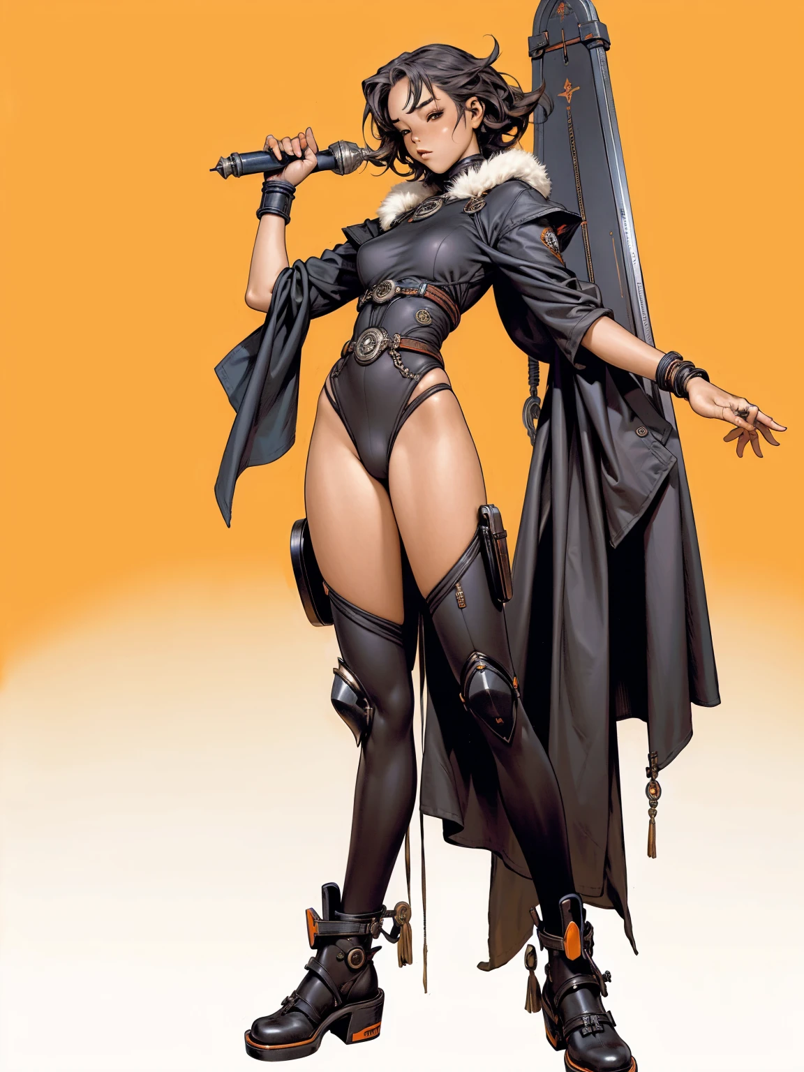 (((black))), (((best qualityer: 1.4))), (((Afro))), (((DuneWalker))), (((post-apocalypse))), (Unbeatable masterpiece), (hiper HD),(CG 8k hyper-realistic), (((breasts big))), (((hyper feminine))), sensuous girl, (bob hair with straight bangs), ((( sculptural body ))), (((1 girl))), 20 year anime girl with perfect body, Beautiful and well-groomed face, slanted eyes, muscular body:1.2, costume with textured details in pixel art, (Head to thigh photos),modern samurai pants, Complex equipment, rot, cerulean, yellow, orange, Violette, long pants,Tight, dark clothes,With white stars and white stripes, Metal parts in armor, afro girl, (((standing alone))), pirralha violent, (((14歳))), sensuous, pose de atitude, work of art, post-apocalypse, (((manga style))), Bounty Hunter, violent, Manic, the way you want, slenderbody, thin but strong, perfectbody, roupa moderna, Advanced technology, short shorts with checkered pattern in red and black, fur collar jacket, sleeves with vertical striped pattern, neutral background