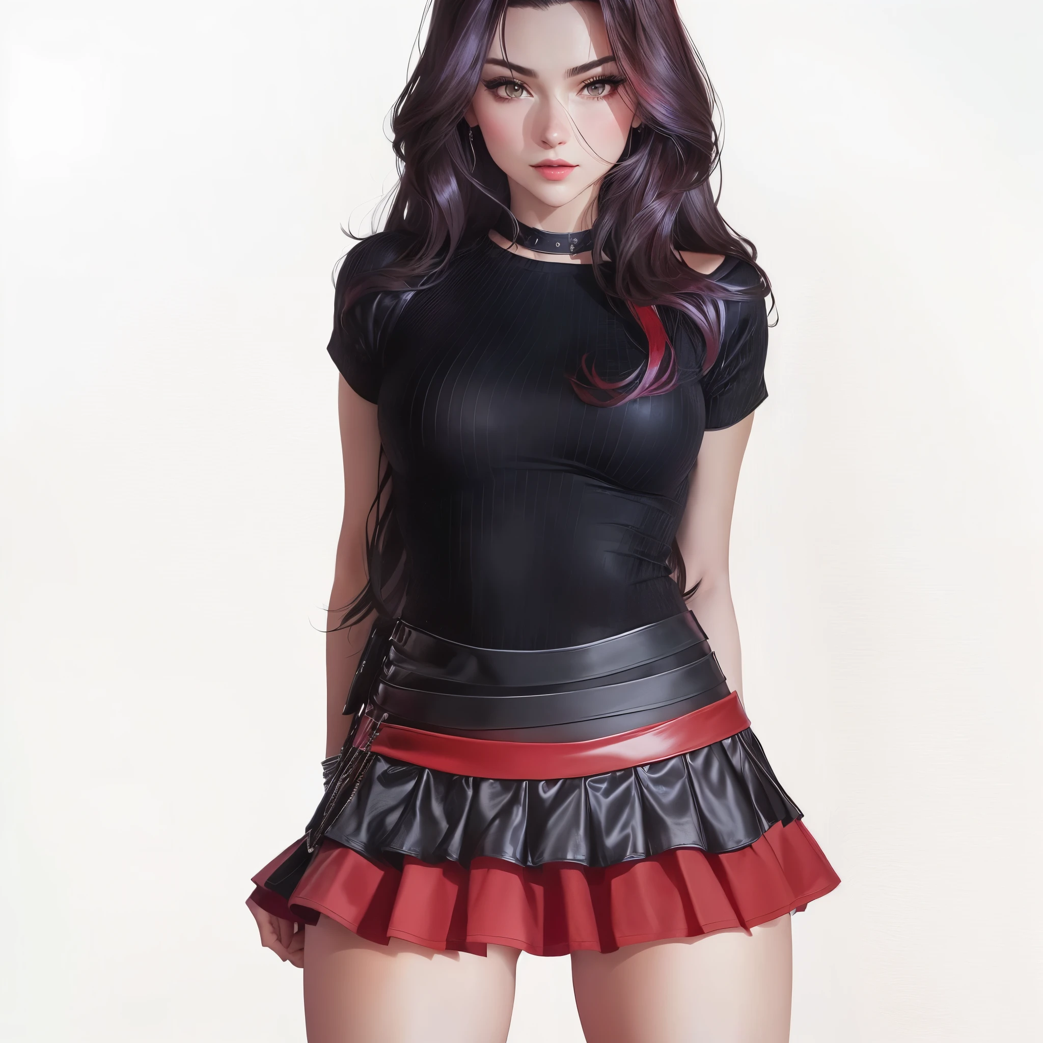 a woman in a black top and red skirt posing for a picture, mini-skirt, miniskirt, very sexy outfit, mini skirt, short skirt, rin tohsaka, sexy outfit, very sexy outfit, with a red skirt, tifa lockhart, fantasy outfit, tifa, scarlet witch costume, high quality costume, seductive tifa lockhart portrait