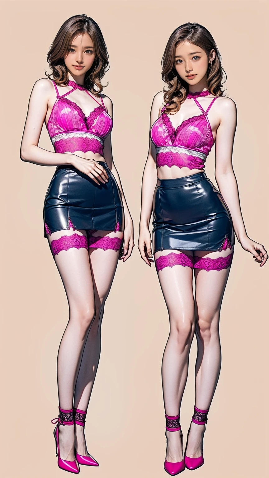 ((masterpiece)),(((Highest quality))),((Character design sheet)),Thin thighs,Long legs,A very cute 20 year old young woman from Japan., ((Fine hair that is somewhere between brown and blonde)), ((Short hair with messy side waves)),Medium bust size、Small breasts、 (((Clean your hands))),(Curly Hair),(((A very kind smile))), (((She is wearing pink, red and magenta lace panties))),(((Wearing a black tight skirt, but、it is'turned over in her hands.))),(((He is wearing a black and white striped shirt.。))) Highly detailed lips, Beautiful Eyes, City Street,