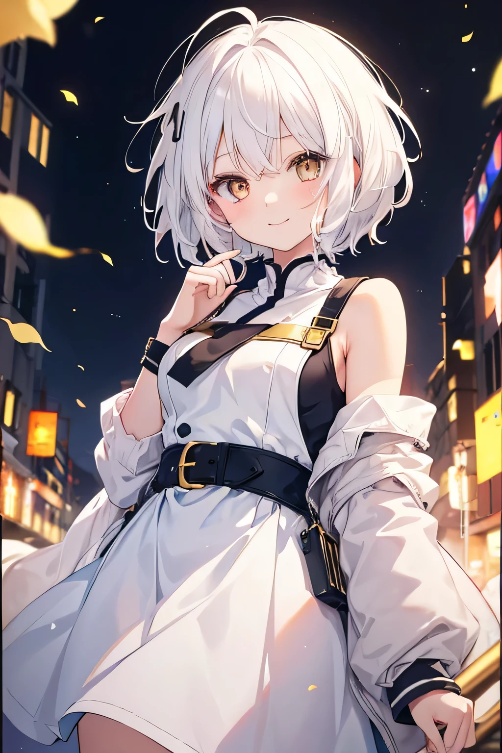 girl, cute anime girl, smiling, white hair, short hair, messy hair, golden eyes
