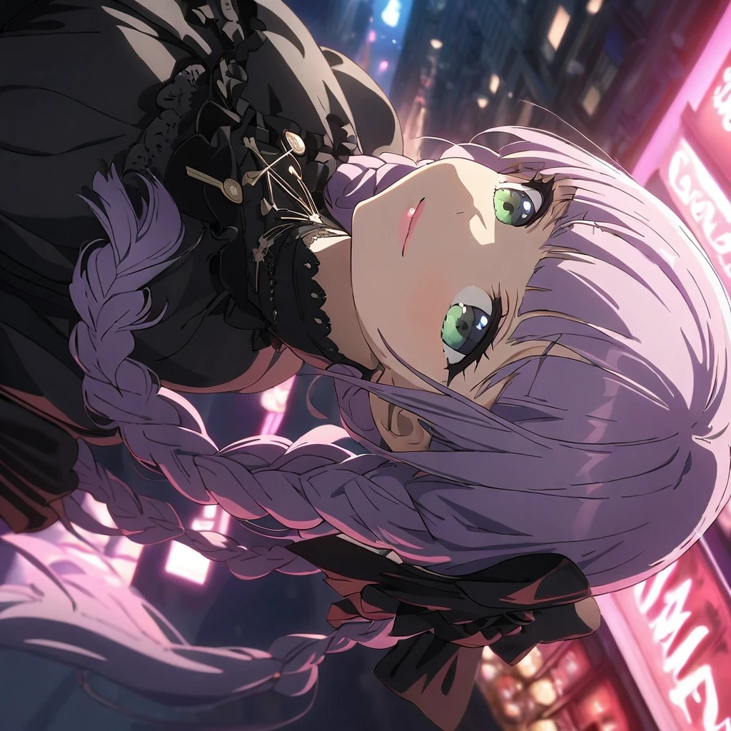 a masterpiece, beautiful eyes, a beautiful face, beautiful depiction, details, solid blue Skyscrapers background, ultra detailed, 8K, Dark blue night sky, (Cute a girl:1.5), (masterpiece:1.3), anime visual, (Black gothic lolita outfit, black boots, black parasol, sideways, look at viewer, Takeshita Street, morning lit,:1.3 ), (Lovey-dovey:1.5), (tilt head:1.3), extremely delicate face, soft clean focus, realistic lighting and shading, (an extremely delicate and beautiful art:1.3), elegant, (muted colors:1.1),(one girl with closs hair pin,pale purple hair,wavy two braids,blunt bangs hair,green and black eyes.pink lips:1.4), small breast,slim,smile,Slender,morning lit,Glasses,
(masterpiece:1.3), anime visual, small breast,slim,The Moulin Rouge in Paris, mysterious pink light, a slightly dark room,look at viewer,smiling, full body shot, A starry sky, a gentle smile, 