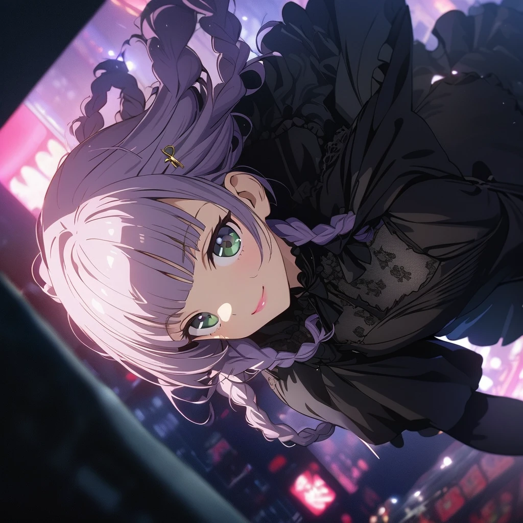 a masterpiece, beautiful eyes, a beautiful face, beautiful depiction, details, solid blue Skyscrapers background, ultra detailed, 8K, Dark blue night sky, (Cute a girl:1.5), (masterpiece:1.3), anime visual, (Black gothic ta outfit, black boots, black parasol, sideways, look at viewer, Takeshita Street, morning lit,:1.3 ), (Lovey-dovey:1.5), (tilt head:1.3), extremely delicate face, soft clean focus, realistic lighting and shading, (an extremely delicate and beautiful art:1.3), elegant, (muted colors:1.1),(one girl with closs hair pin,pale purple hair,wavy two braids,blunt bangs hair,green and black eyes.pink lips:1.4), small breast,slim,smile,Slender,morning lit,Glasses,
(masterpiece:1.3), anime visual, small breast,slim,The Moulin Rouge in Paris, mysterious pink light, a slightly dark room,look at viewer,smiling, full body shot, A starry sky, a gentle smile, 