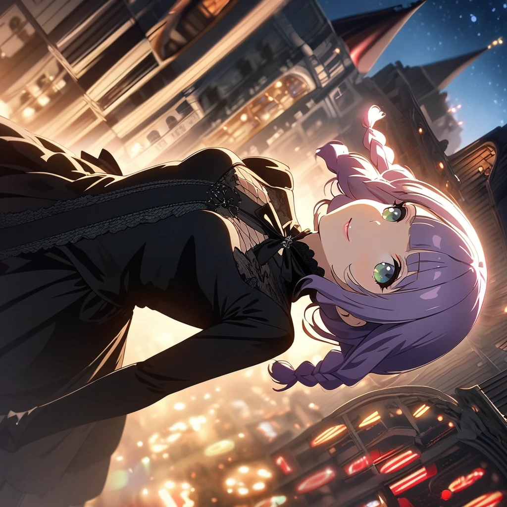 a masterpiece, beautiful eyes, a beautiful face, beautiful depiction, details, solid blue Skyscrapers background, ultra detailed, 8K, Dark blue night sky, (Cute a girl:1.5), (masterpiece:1.3), anime visual, (Black gothic ta outfit, black boots, black parasol, sideways, look at viewer, Takeshita Street, morning lit,:1.3 ), (Lovey-dovey:1.5), (tilt head:1.3), extremely delicate face, soft clean focus, realistic lighting and shading, (an extremely delicate and beautiful art:1.3), elegant, (muted colors:1.1),(one girl with closs hair pin,pale purple hair,wavy two braids,blunt bangs hair,green and black eyes.pink lips:1.4), small breast,slim,smile,Slender,morning lit,Glasses,
(masterpiece:1.3), anime visual, small breast,slim,The Moulin Rouge in Paris, mysterious pink light, a slightly dark room,look at viewer,smiling, full body shot, A starry sky, a gentle smile, 