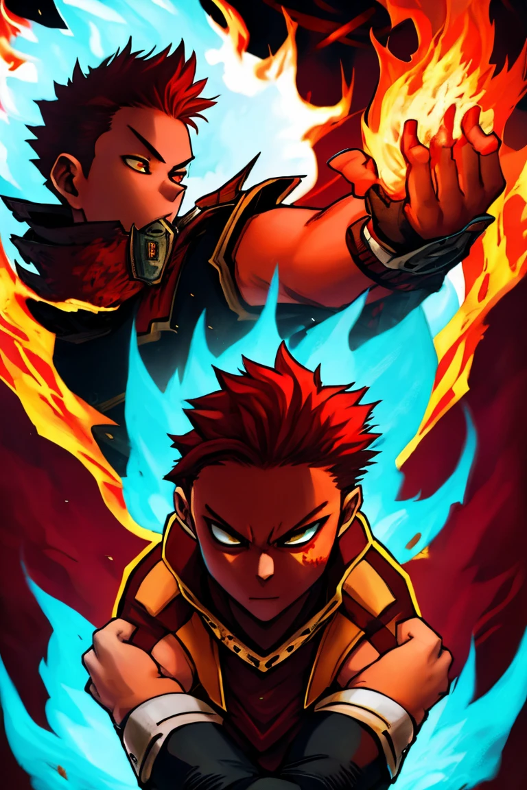 A young man with strong red hair, spiky hair, Look of Fury, kitsune mouth mask, fury fox, blood red fire.