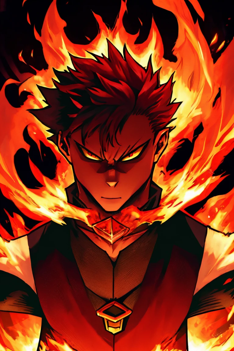 A young man with strong red hair, spiky hair, Look of Fury, kitsune mouth mask, fury fox, blood red fire.