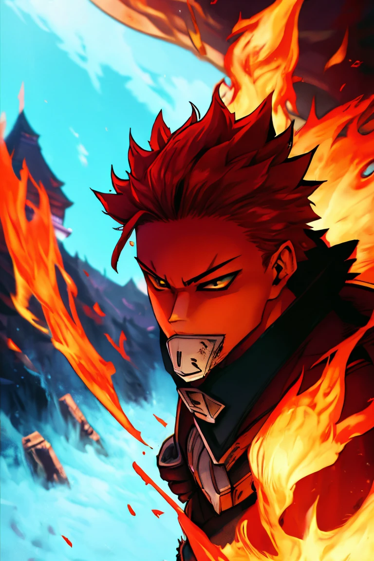 A young man with strong red hair, spiky hair, Look of Fury, kitsune mouth mask, fury fox, blood red fire.