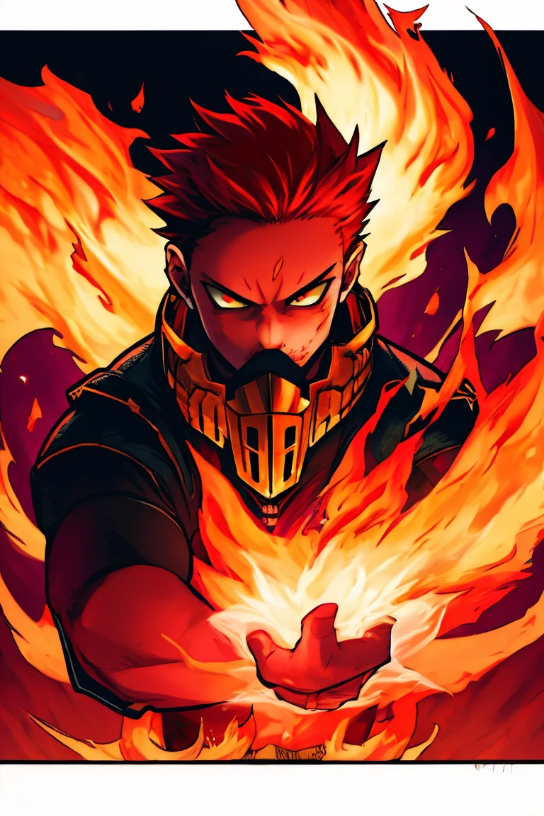 A young man with strong red hair, spiky hair, Look of Fury, kitsune mouth mask, fury fox, blood red fire.