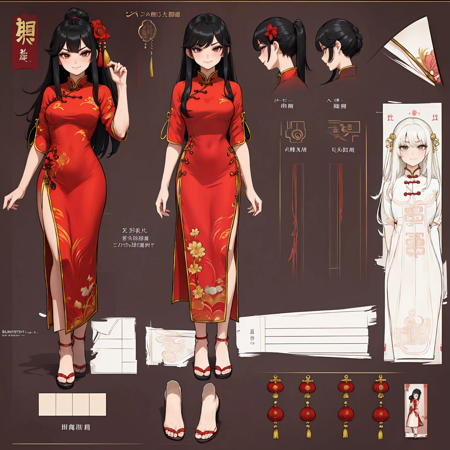 masterpiece, UHD, 4k, highres, ultra highres, hd, best quality, anime screencap, lineart, (1girl), smile, character design sheet, reference sheet, cheongsam, (red cheongsam), wearing chinese red cheongsam, black hair, long hair, (simple background), ((white background)),