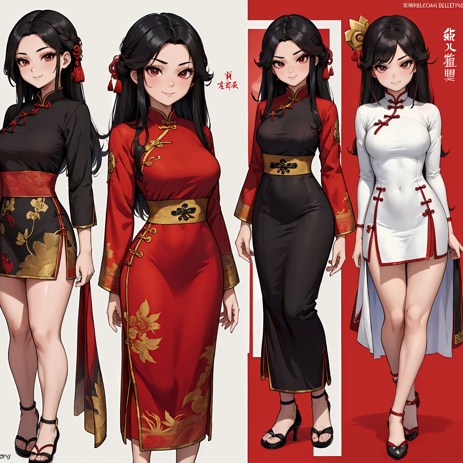 masterpiece, UHD, 4k, highres, ultra highres, hd, best quality, anime screencap, lineart, (1girl), smile, character design sheet, reference sheet, cheongsam, (red cheongsam), wearing chinese red cheongsam, black hair, long hair, (simple background), ((white background)), 