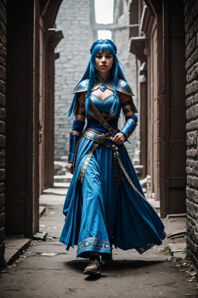 Blue haired girl walking towards a throne, the girl has a warrior outfit