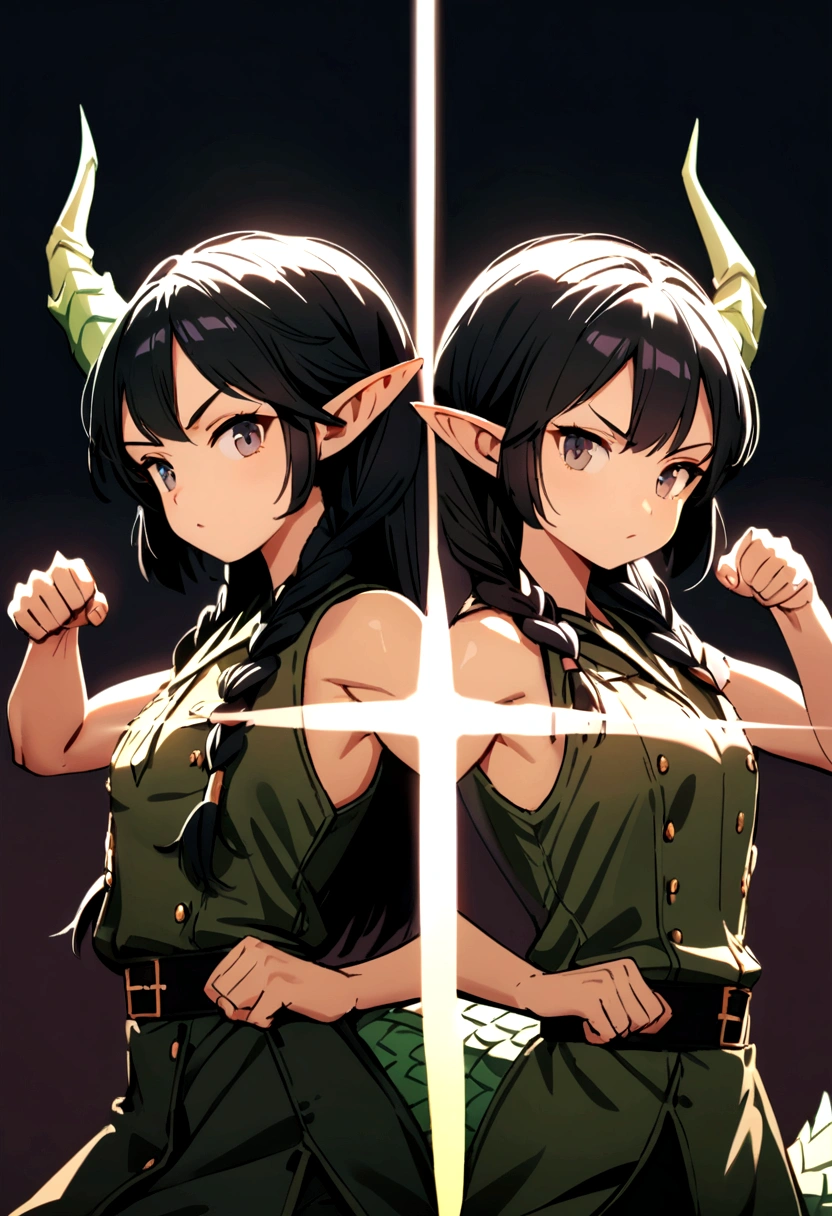 cute young girl, black hair, long hair, small braids hair, navy eyes, dragon horn, dragon tail, elf ear, muscular body, small breast, war outfit, fight with sword pose