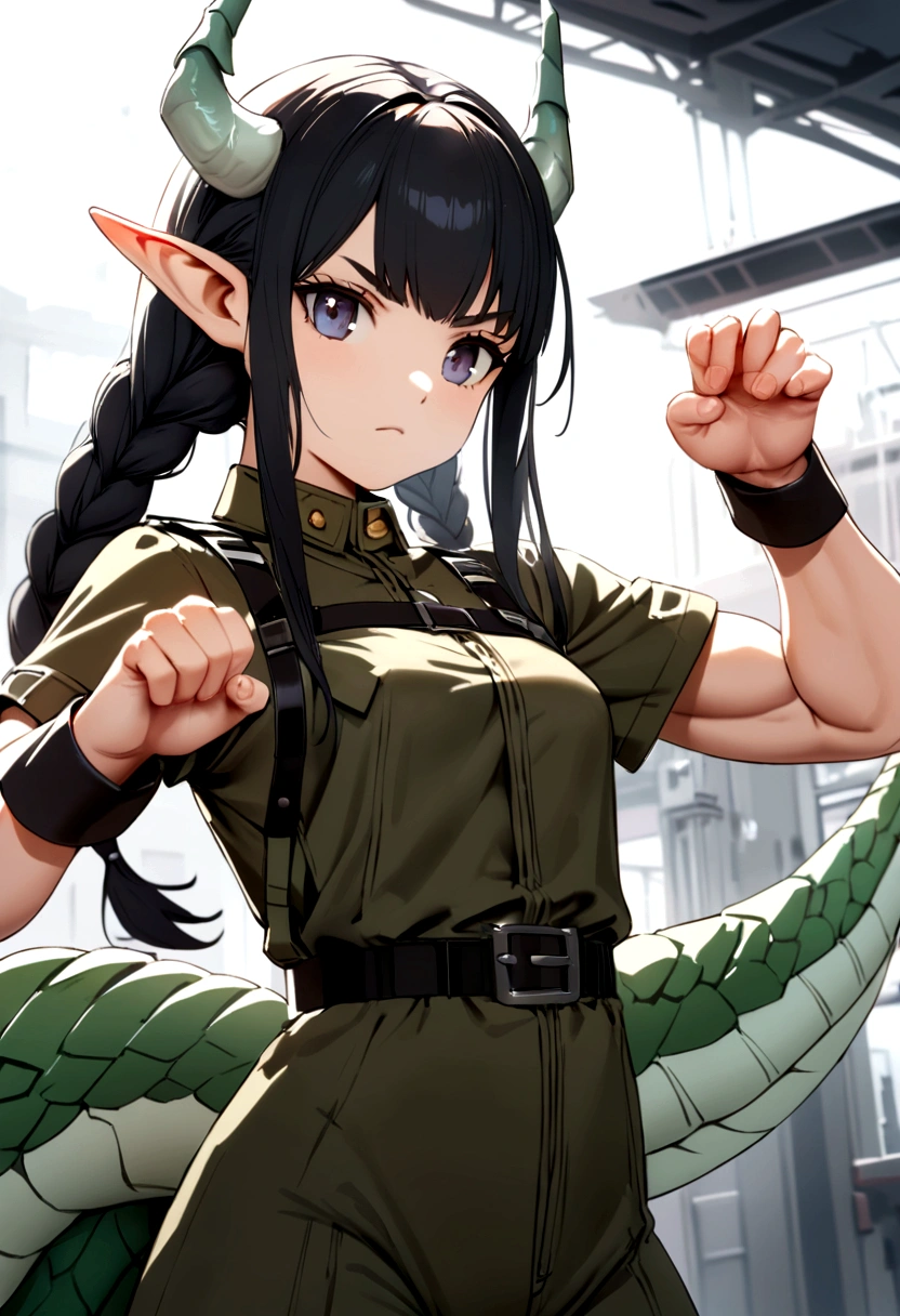 cute young girl, black hair, long hair, small braids hair, navy eyes, dragon horn, dragon tail, elf ear, muscular body, small breast, war outfit, fight with sword pose