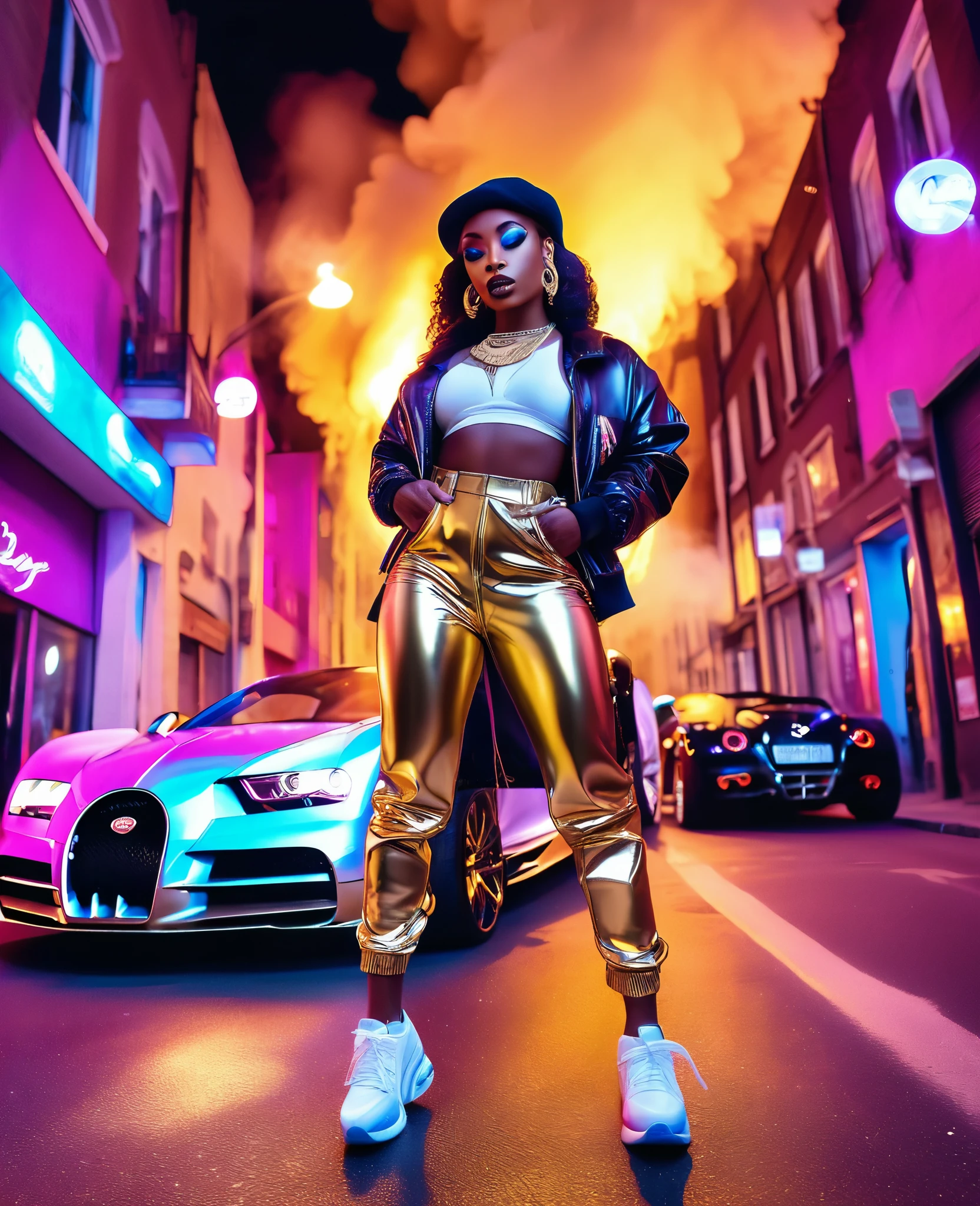 low angle shot through a fish eye lens of a black woman dressed in hiphop inspired clothes and sneakers, gold necklace and earrings, beautiful make up, standing in the middle of the street with a bugatti in the background drifting and creating smoke, beautiful and vibrant colours shining with iridescent light, music video inspired visuals.