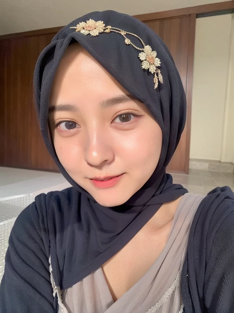 1girl, RAW photo of a 24 year old girl wearing hijab, Masterpiece, 16k, high Resolution, Ultra high Quality, super detailed background, beautiful lighting, Black hijab, solo, park, close up, Hands down, looking at viewer, Indonesia background,(No hand:1.3), Half body,