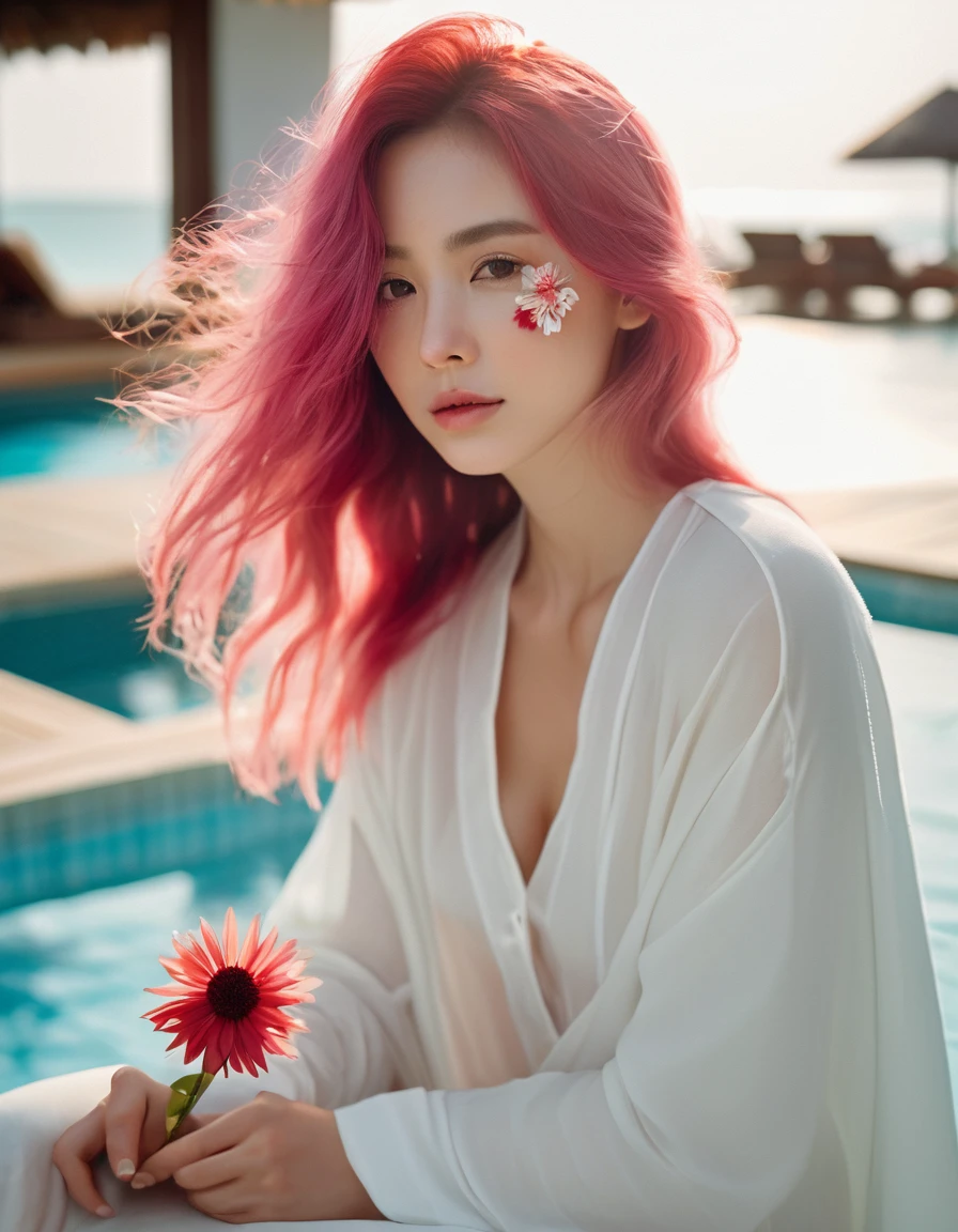 beautiful woman with long pink hair wearing( a white blanket blouse), with a red flower in front of her covering one eye and part of her face, natural sunlight,sitting in outside the pool of Maldives , light colors, bokeh style, in the style of ultrafine detail, high-quality photo,far away shot
