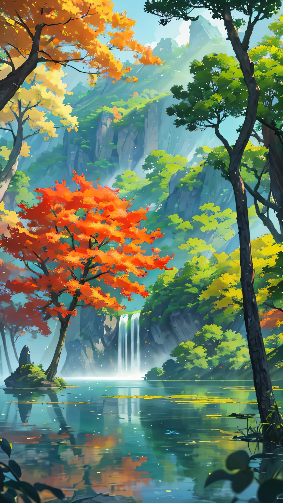 China、Half the sky、Autumn scenery、ginkgo leaf、jungle、lake,The tree、grassland、Rochas、hydrosphere、(Implications:1.0)、Epic Composition、Realistic lighting、High Definition Details、masterpiece、best quality,(Highly detailed CG Unity 8k wallpaper)