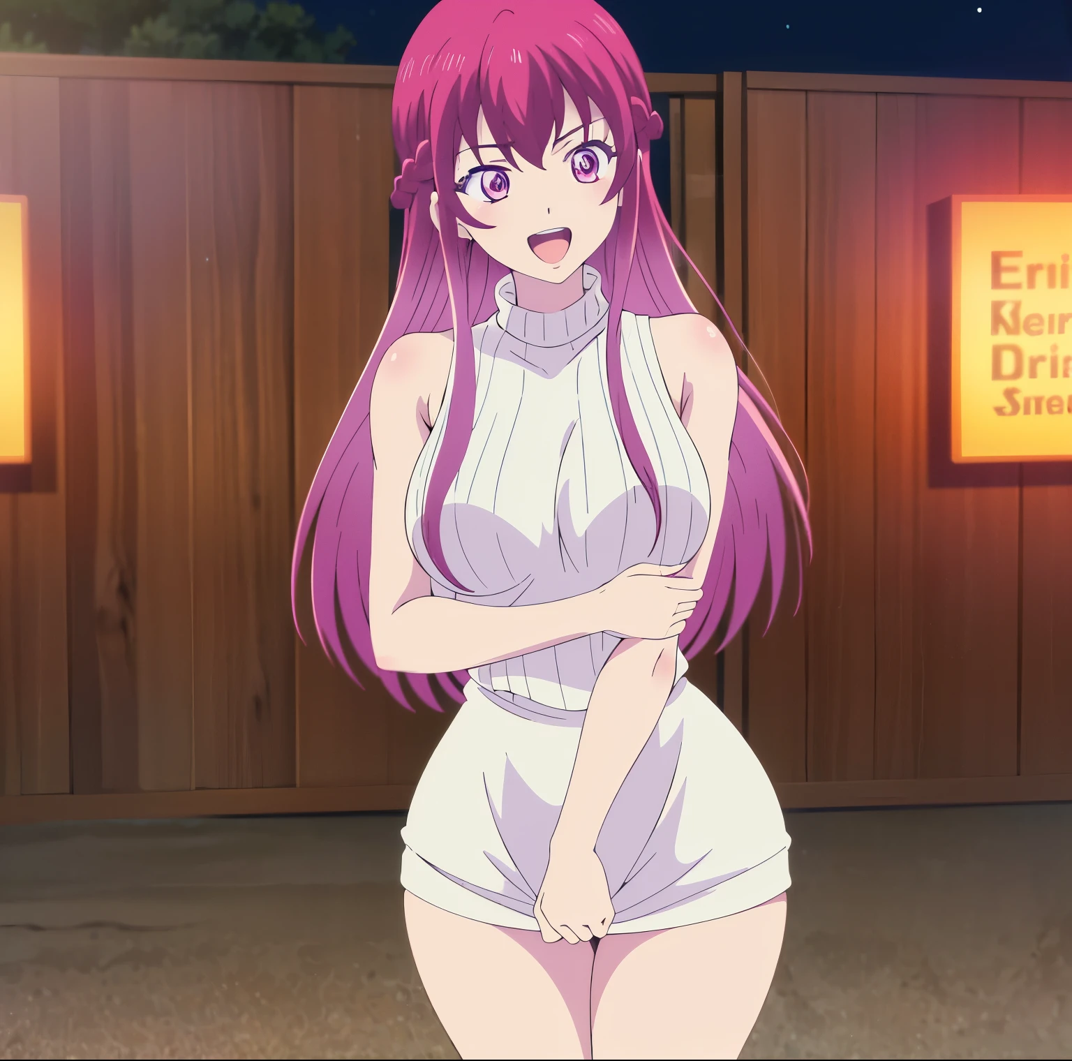 1girl,alone,ouka makuzawa,masterpiece,good lighting,looking at the viewer,best quality,high resolution,Ultra detailed,detailed eyes,smooth and soft skin,light skin,long hair,magenta hair,braid,purple eyes,dress sweater, beige sweater dress, ribbed sweater, killer virgin sweater, high neck, sleeveless, big breasts, medium waist, wide hips, medium thighs, curvy body, dynamic pose, cowboy shot, smile, open mouth, ((1girl) ),(alone),standing,cowboy shot,looking forward,((focus on breasts)),pov(from middle),outdoor,standing,night,street,japanese street,perfect anatomy,hands perfect