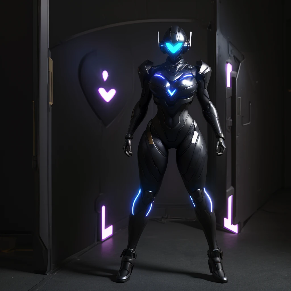 Dronificated unknown woman in a fully enclosed black skin tight latex fullbody suit with black lights across the suit and heart shaped glowing core in the chest, fully enclosed cyber helmet that cover her whole face and hides her identity with a gundam face, huge breast, narrow waist, wide hips and thick thighs, in a storage facility, no face, no hair, no mouth, no eyes, (masterpiece), (highres) (full body)