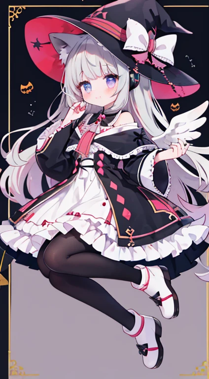 female、Angel costume,angel hall,vampire,holding a glass of red wine,fuchsia eyes、wear sneakers,The shoes have a pair of small wings.,There is a talisman paper on the head,bijouterie,Pose for a photo,long hair、wavy hair,canine,shy,blush,Hot,Halloween,shooting star background、masterpiece、Best image quality、top quality、Witch Suit、witch hat、超long hair,fox ears,gray hair,(white or black pantyhose),blue eyes、exquisite eyes、Beautiful girl、Chubby cheeks、Cute dress、puffy sleeves、Ruffled skirt、pink ribbon、cute、change、black leg ring,off shoulder strap changeta,with headphones,Wearing a nurse's hat,lift one foot.,Black cat,white owl,black and white musical notes,
