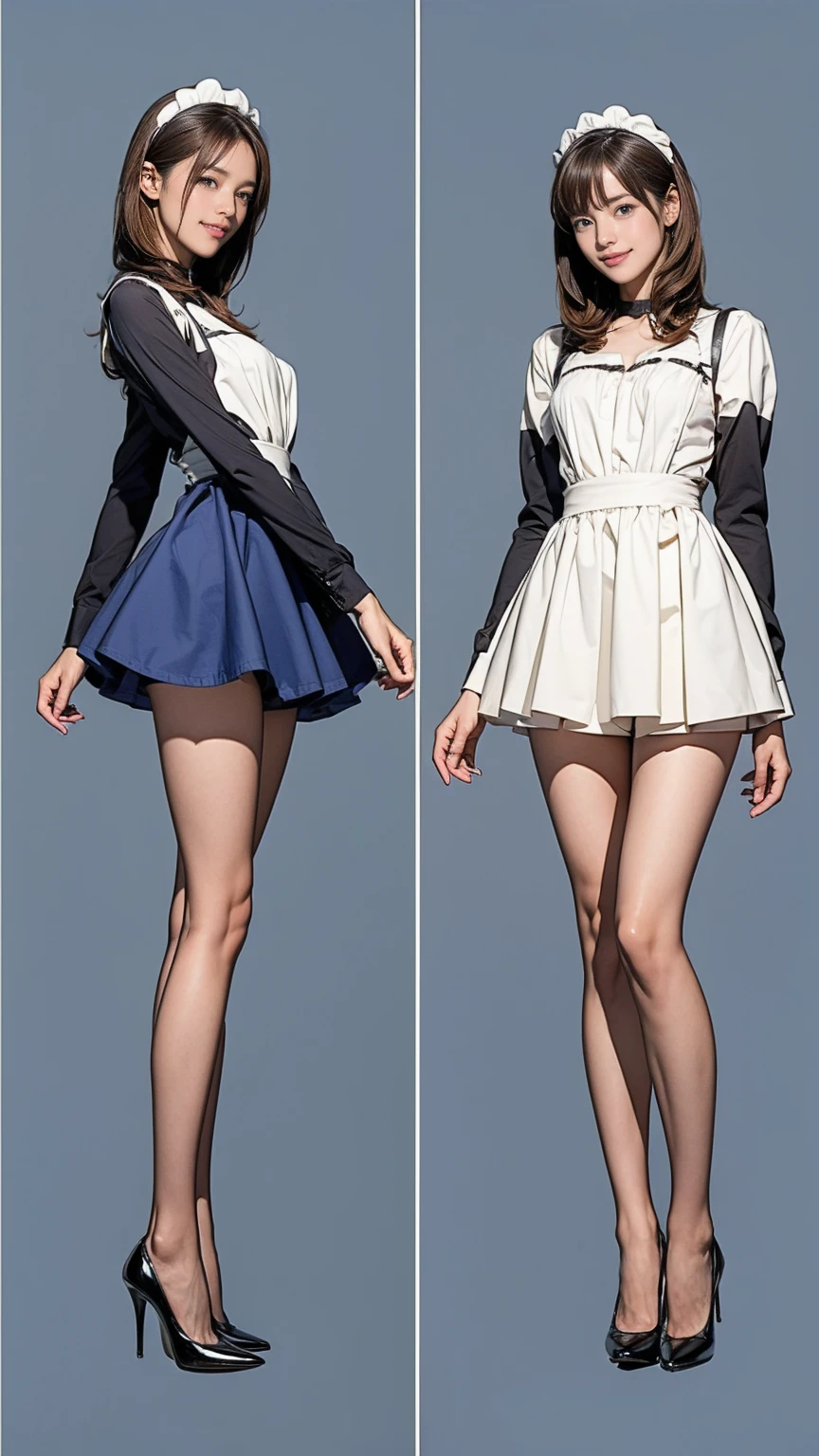 ((masterpiece)),(((Highest quality))),((Character design sheet)),Thin thighs,Long legs,Bunny girl in a light blue maid outfit:1.5,Wearing light blue tights:1.5,The best smile:1.5,Full Body Shot:1.5,Gray background:1.5,Wearing black high heels:1.5,short side waves:1.5,