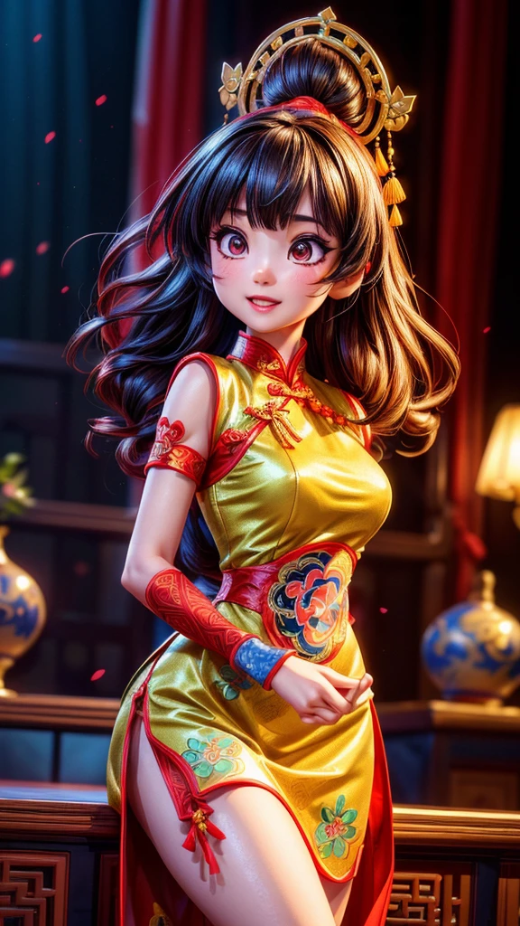 a beautiful young girl in a traditional chinese cheongsam dress, cute posing, singing and dancing, (best quality,4k,8k,highres,masterpiece:1.2),ultra-detailed,(realistic,photorealistic,photo-realistic:1.37),intricate details, delicate features, long hair, warm lighting, vibrant colors, cinematic composition, elegant movement, graceful expression