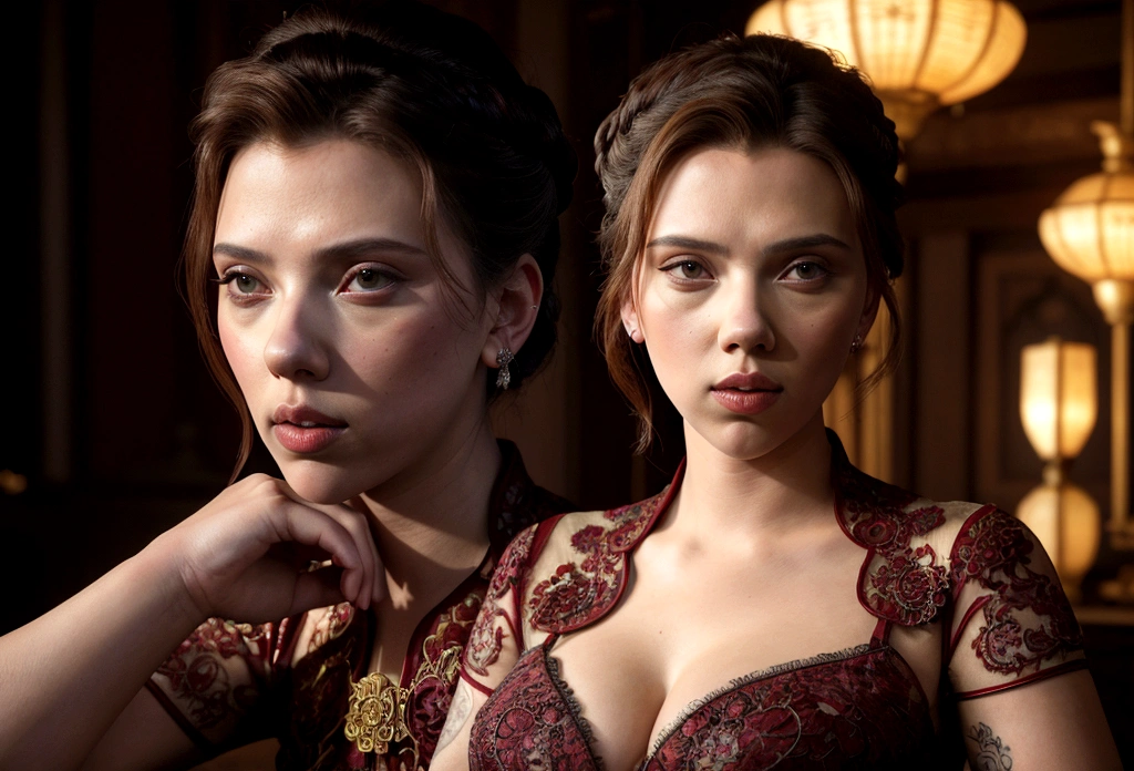 a woman (Scarlett Johansson Age 25), wearing an ornate cheongsam dress, detailed facial features, beautiful eyes, expressive lips, long eyelashes,beautiful skin,elegant hairstyle,feudal china setting,merchant family manor,greeting imperial emissaries,dramatic lighting,rich color palette,cinematic composition,intricate architectural details,opulent decor,stunning visual impact,(best quality,8k,highres,masterpiece:1.2),ultra-detailed,(realistic,photorealistic,photo-realistic:1.37),cinematic,dramatic,intricate,ornate,elegant,atmospheric,moody,rich colors (Show her from head to toe, show her entire body, show all of her)
