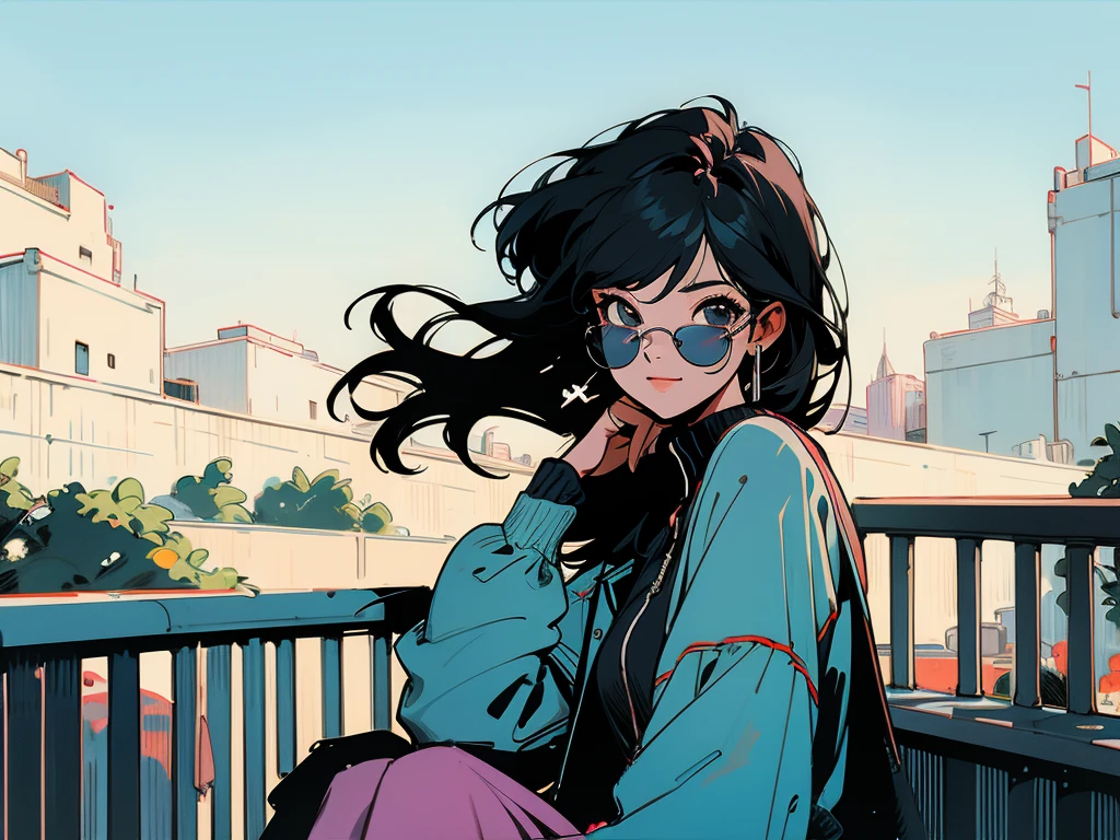 Swedish cityscape、Terrace seats、Cool black hair woman、Break、Wearing sunglasses