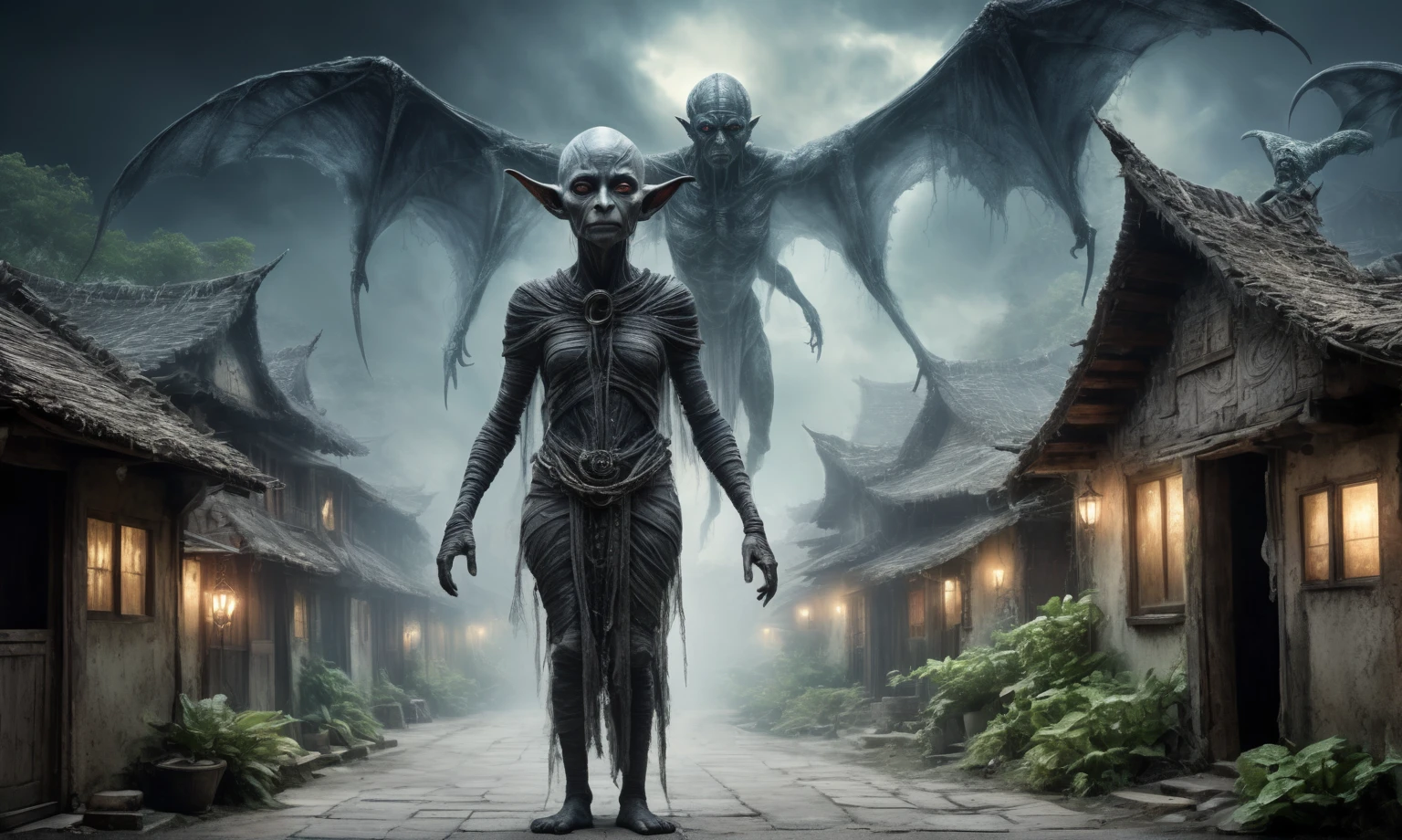 full body length shot,beggar niobium graphite mummy of Alien Entity,native africa slave,Caribbean with AI in brain,starving,medieval azctec city,Cinematic,soft colors, Technicolor,natural skin textures, hyper realism, hyper detailed,Extremely detailed,High contrast,Masterpiece,Realistic,Ultra Detailed, intricate details,realistic humid leather,extremly intricate,Epic Realistic, cinematic style, irina yermolova,high contrast,hdr,extremely detailed,masterpiece, intricate details, eyes extremely detailed, high detailed eyes,8k resolution,retina, Nikon Z9,Korea,orc,Li River in Guangxi Zhuang of medieval Italia, perfect, Elf,transition between two art styles, Double contact, X-ray, Creative, vivid light, fantasy, Abstract, Surrealism, super detailed, high resolution, trap against fairies between houses in air,insanity wear,Her skin is pale, almost translucent. symbols of gothic elements, further emphasizing its dark air