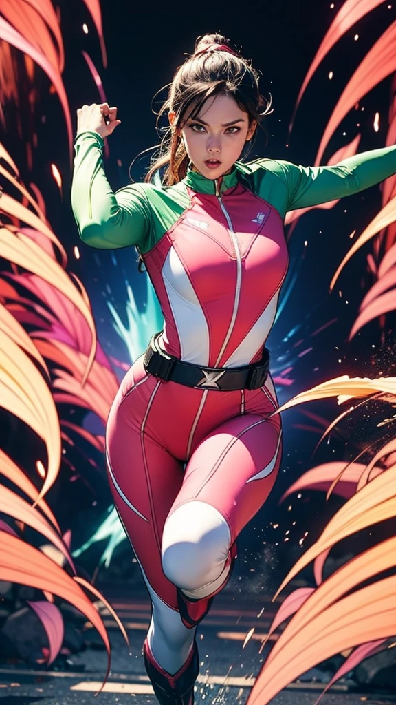 Solo, A brave and courageous image of a 6 member ranger team, Each one is decorated in vibrant colors such as:: ((Pink)), red is front of center, violet, Green, yellow, blue black, white,. Dynamic poses in a background that exudes energy and courage, neon, fire, plasma, Fluorescent, shocking, pink big bomber, splashing pink, running, fighting pose, action pose, Embodying the essence of the classic Sentai superhero team. Each Ranger:: The attire is sophisticated and modern, Each color has elements that reflect its theme., Ready for action. ((Camel Toe)), weapons, in sunset background , in cinematic lighting, cover art mixed cinema poster style,