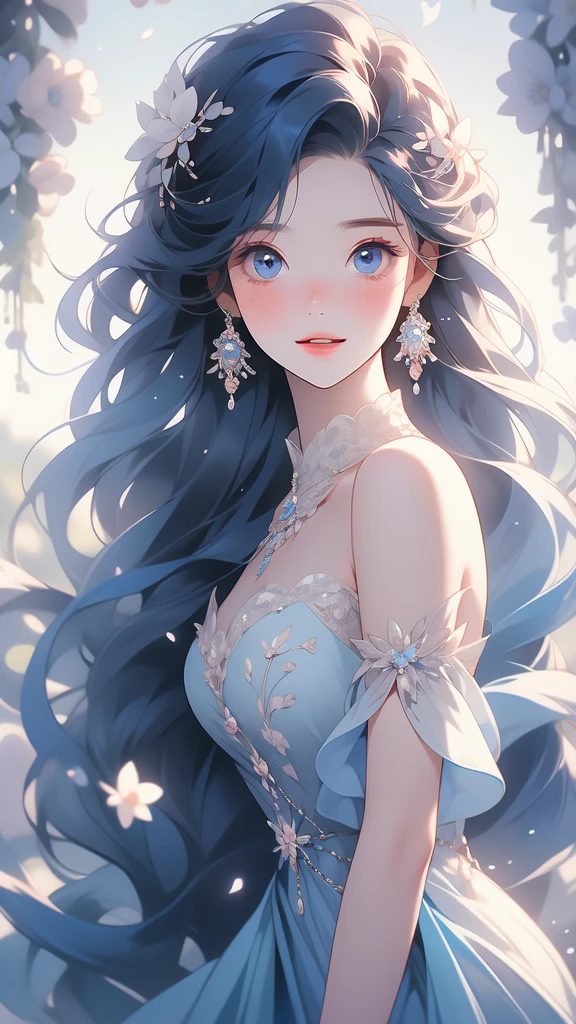 a pretty young woman with flowers and jewels on her dress and head, 1girl, solo, jewelry, flower,  hair, earrings, hair ornament, freckles, hair flower, looking at viewer, long hair, parted lips, bare shoulders,crystalline dress,Marinette, blue_eyes, Marinette Dupain-Cheng, smile, 