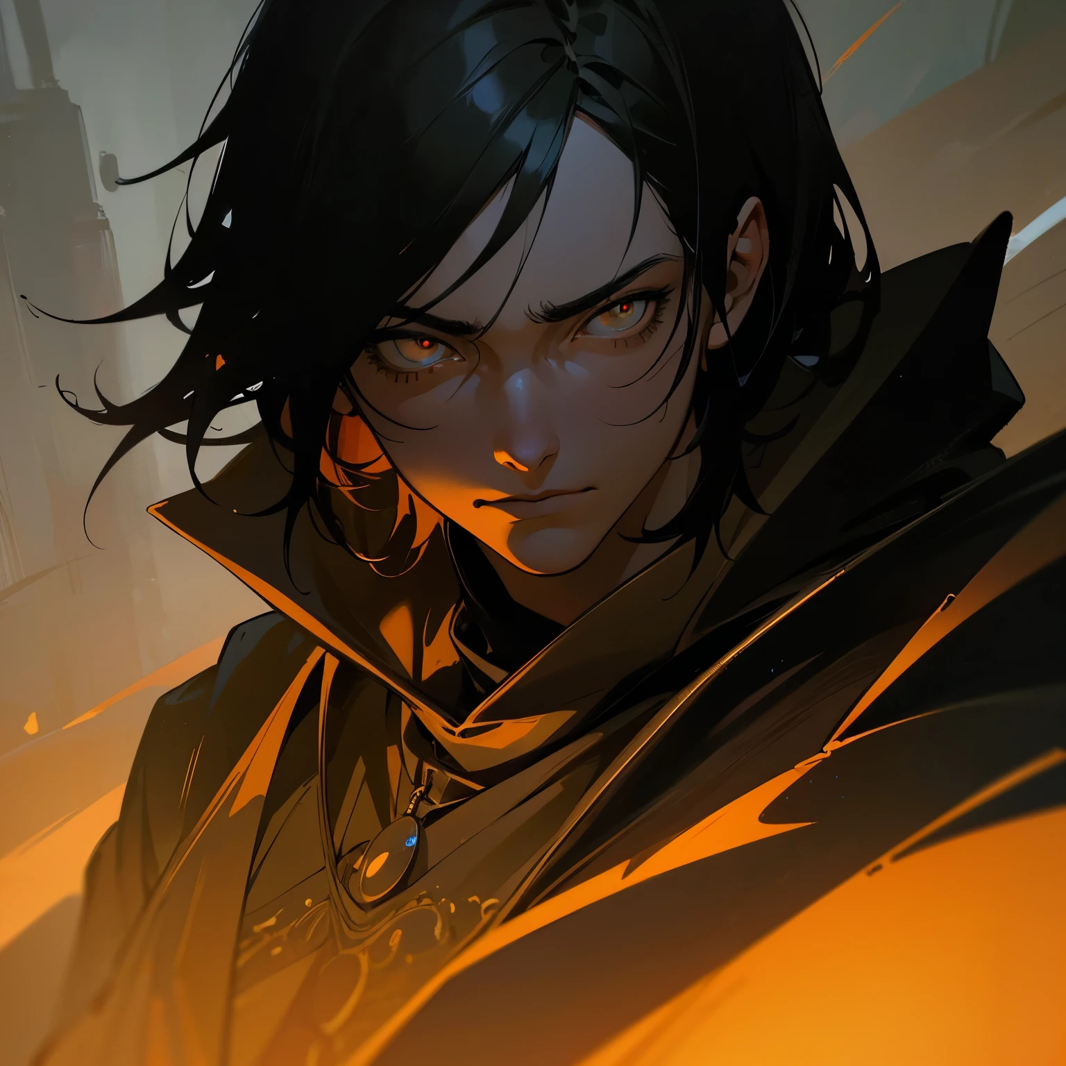 a mysterious hooded boy, detailed face, amber eyes, dark circles under eyes, black hair, close-up, cinematic lighting, dramatic, moody, high contrast, chiaroscuro, dark fantasy, digital painting, intricate details, hyperrealistic, 8k, masterpiece