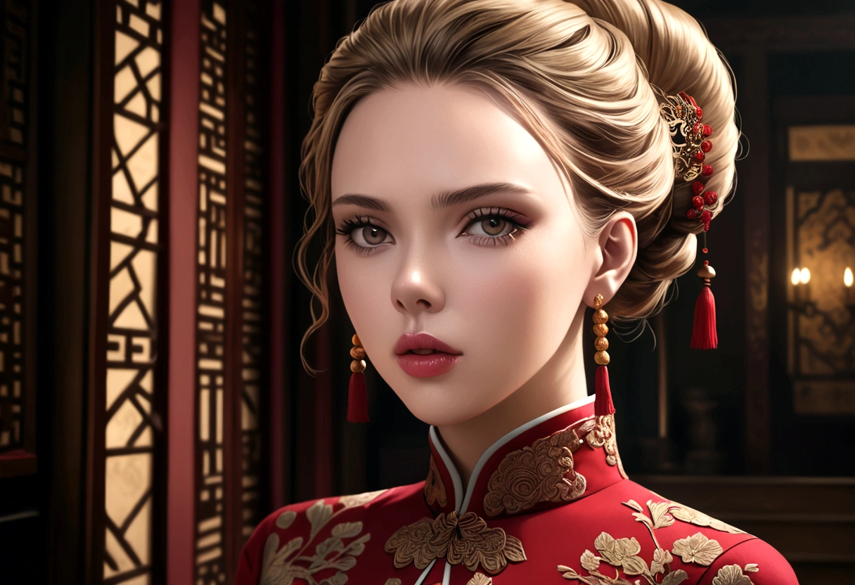 a woman (Scarlett Johansson Age 25), wearing an ornate cheongsam dress, detailed facial features, beautiful eyes, expressive lips, long eyelashes,beautiful skin,elegant hairstyle,feudal china setting,merchant family manor,greeting imperial emissaries,dramatic lighting,rich color palette,cinematic composition,intricate architectural details,opulent decor,stunning visual impact,(best quality,8k,highres,masterpiece:1.2),ultra-detailed,(realistic,photorealistic,photo-realistic:1.37),cinematic,dramatic,intricate,ornate,elegant,atmospheric,moody,rich colors (Show her from head to toe, show her entire body, show all of her)
