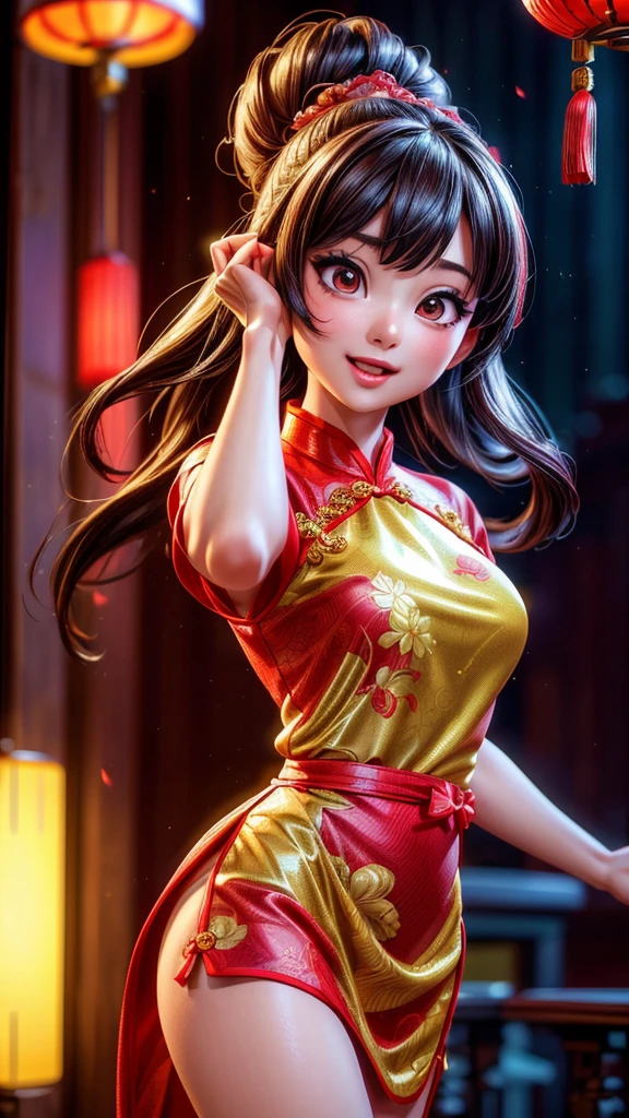 a beautiful young girl in a traditional chinese cheongsam dress, cute posing, singing and dancing, (best quality,4k,8k,highres,masterpiece:1.2),ultra-detailed,(realistic,photorealistic,photo-realistic:1.37),intricate details, delicate features, long hair, warm lighting, vibrant colors, cinematic composition, elegant movement, graceful expression