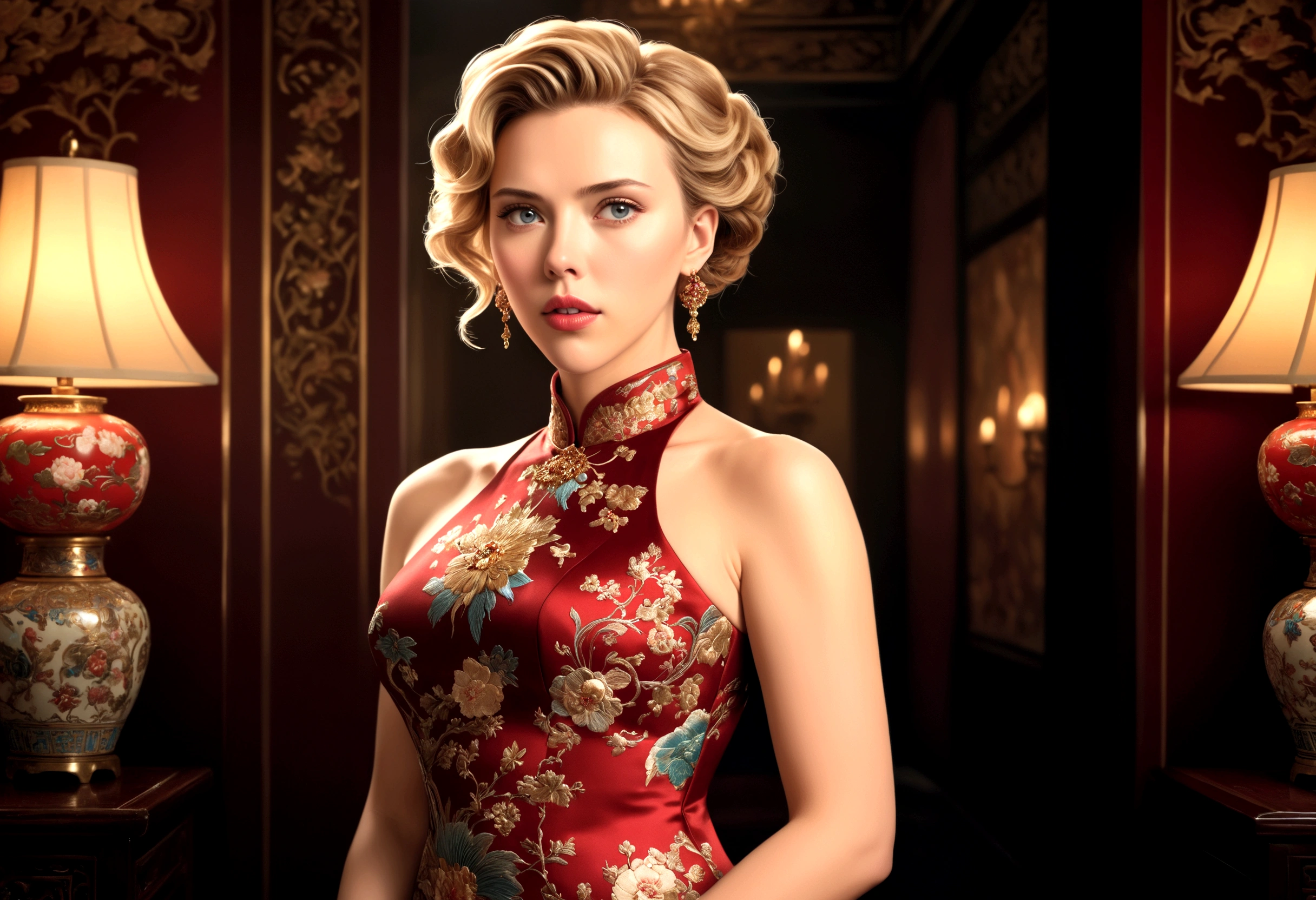 a woman (Scarlett Johansson Age 25), wearing an ornate cheongsam dress, detailed facial features, beautiful eyes, expressive lips, long eyelashes,beautiful skin,elegant hairstyle,feudal china setting,merchant family manor,greeting imperial emissaries,dramatic lighting,rich color palette,cinematic composition,intricate architectural details,opulent decor,stunning visual impact,(best quality,8k,highres,masterpiece:1.2),ultra-detailed,(realistic,photorealistic,photo-realistic:1.37),cinematic,dramatic,intricate,ornate,elegant,atmospheric,moody,rich colors (Show her from head to toe, show her entire body, show all of her)