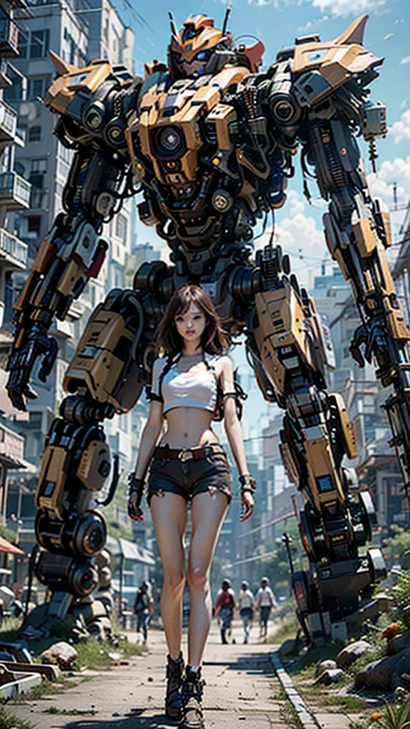 ((masterpiece, best quality)),illustration,ultra detailed 8k,photorealistic,sharp focus,highly detailed,professional lighting,colorful details,iridescent colors BREAK extreme long shot of a factory,large mechanical robot construction,microchip,computer,glowing,intricate details,shitu-mecha,1girl is standing in front of the audience,Navel