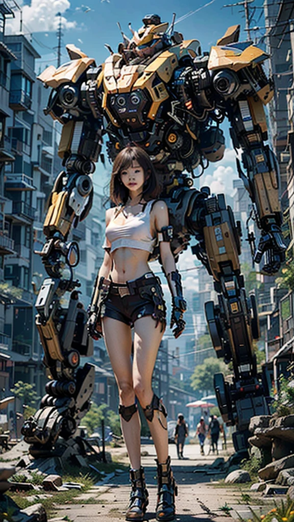 ((masterpiece, best quality)),illustration,ultra detailed 8k,photorealistic,sharp focus,highly detailed,professional lighting,colorful details,iridescent colors BREAK extreme long shot of a factory,large mechanical robot construction,microchip,computer,glowing,intricate details,shitu-mecha,1girl is standing in front of the audience,Navel