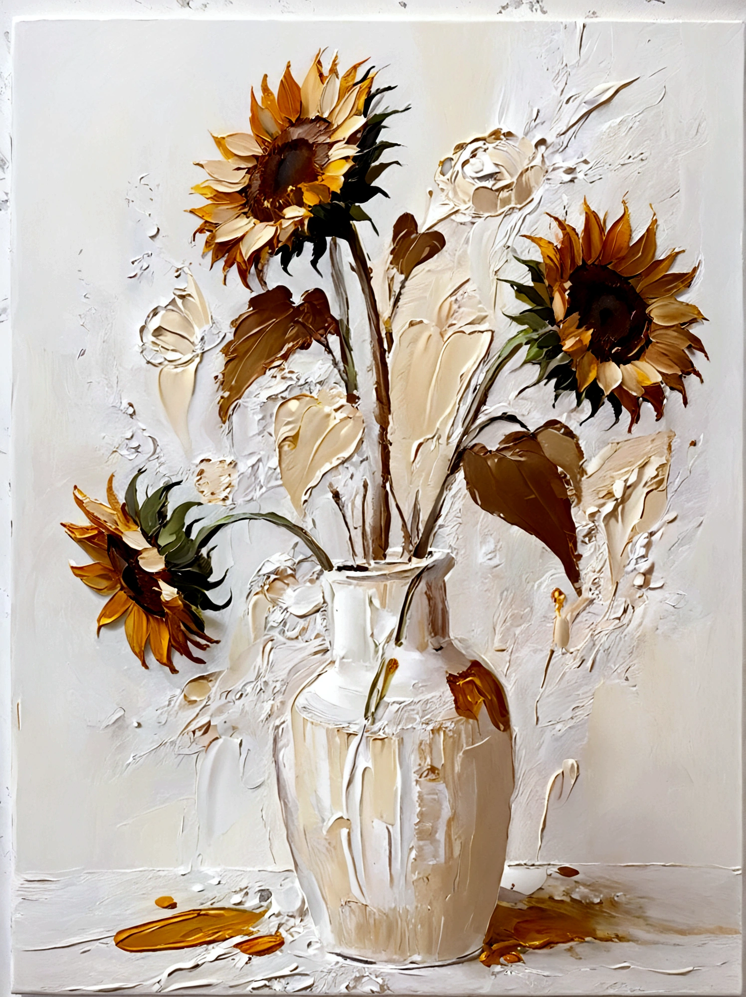 vase,sunflower,Small flowers,Flowers,bright,White background,vanilla,cream,whiskey,Abstract Art,emotion,emotion,Thick textured paint,