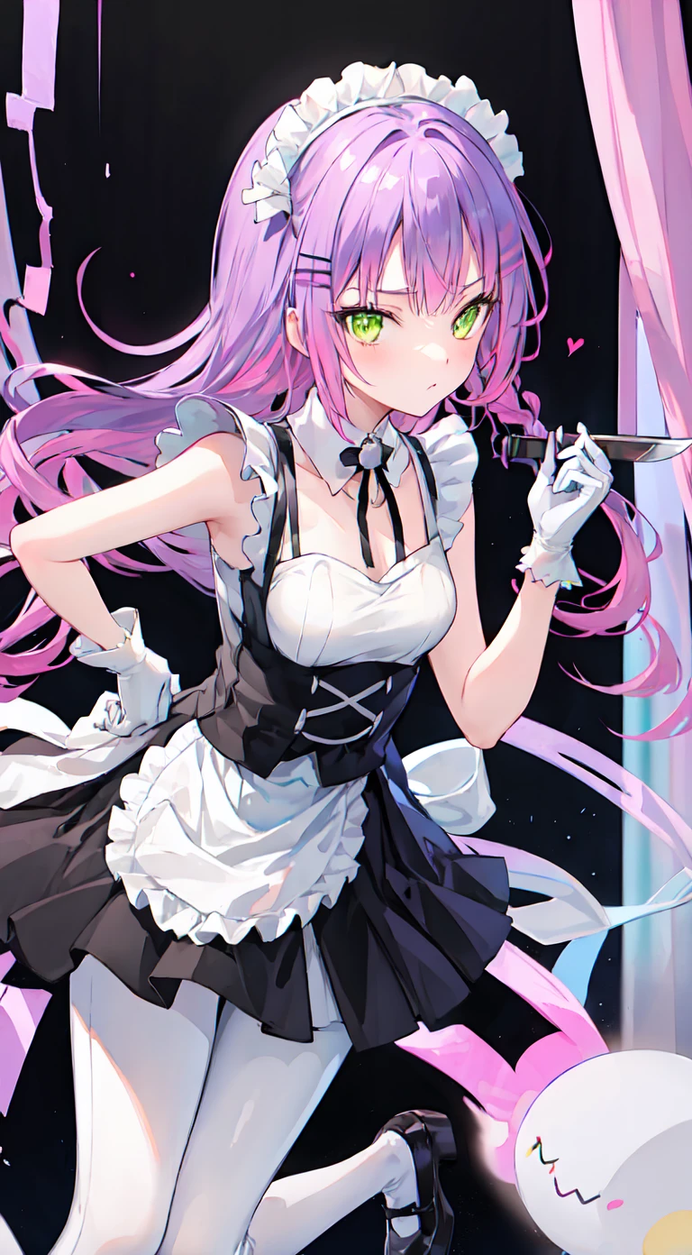 Pink Hair，Maid clothes，White long gloves，hold two knives in each hand，White pantyhose，White Stockings，Black heel fighting gesture