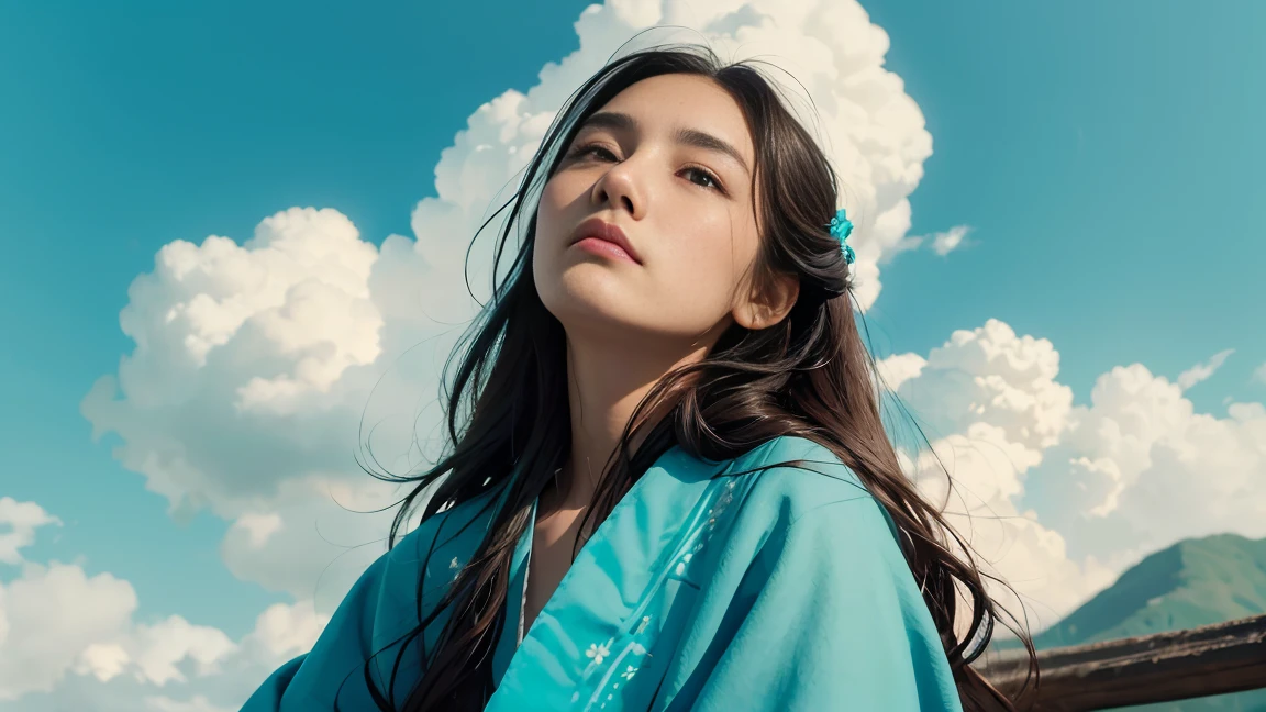 (best quality, masterpiece), Turquoise Screen Filter, (1girl, solo, brown robe, expression face, looking up, sitting, wide sleeves, black eyes, closed mouth, long hair, cowboy shot), (clear sky, cosmos flower filed, cloud),