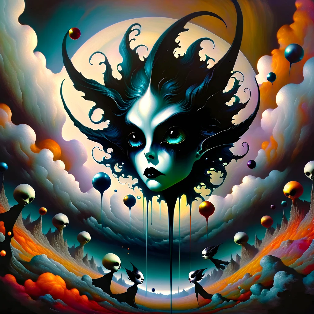 In a dark whimsical, starkly cartoon world, a kaleidoscope of flying objects swirls against surreal macbre landscapes, inspired by the ethereal sounds of death rattles.Gentle mews and horrific fantasy converge as vibrant colors, dark matter and exaggerated shapes come alive. A visceral realm unfolds, reminiscent of HP Lovcrafts mythos, Broms distinctive art style. Against a backdrop of angrily moody clouds and falling bubble drip skies, photorealistic concept art by Karol Bak and Brad Kunkle captures the magic and mysteries of this world in motion. (art inspired by dark Goth Neo Traditional). oil painting) Hyperstylized, hyper detailed, hyper surrealistic insanity