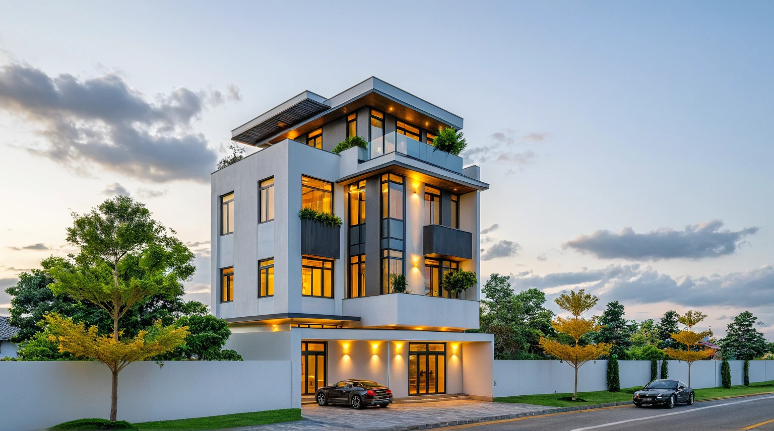 Masterpiece, high quality, best quality, authentic, super detail, outdoors, onestoreyvillaXL, aiaigroup, house style modern on the street ,stairs, white wall ,road,pavement, grass, trees, sky, cloud, (daylight:1.1)